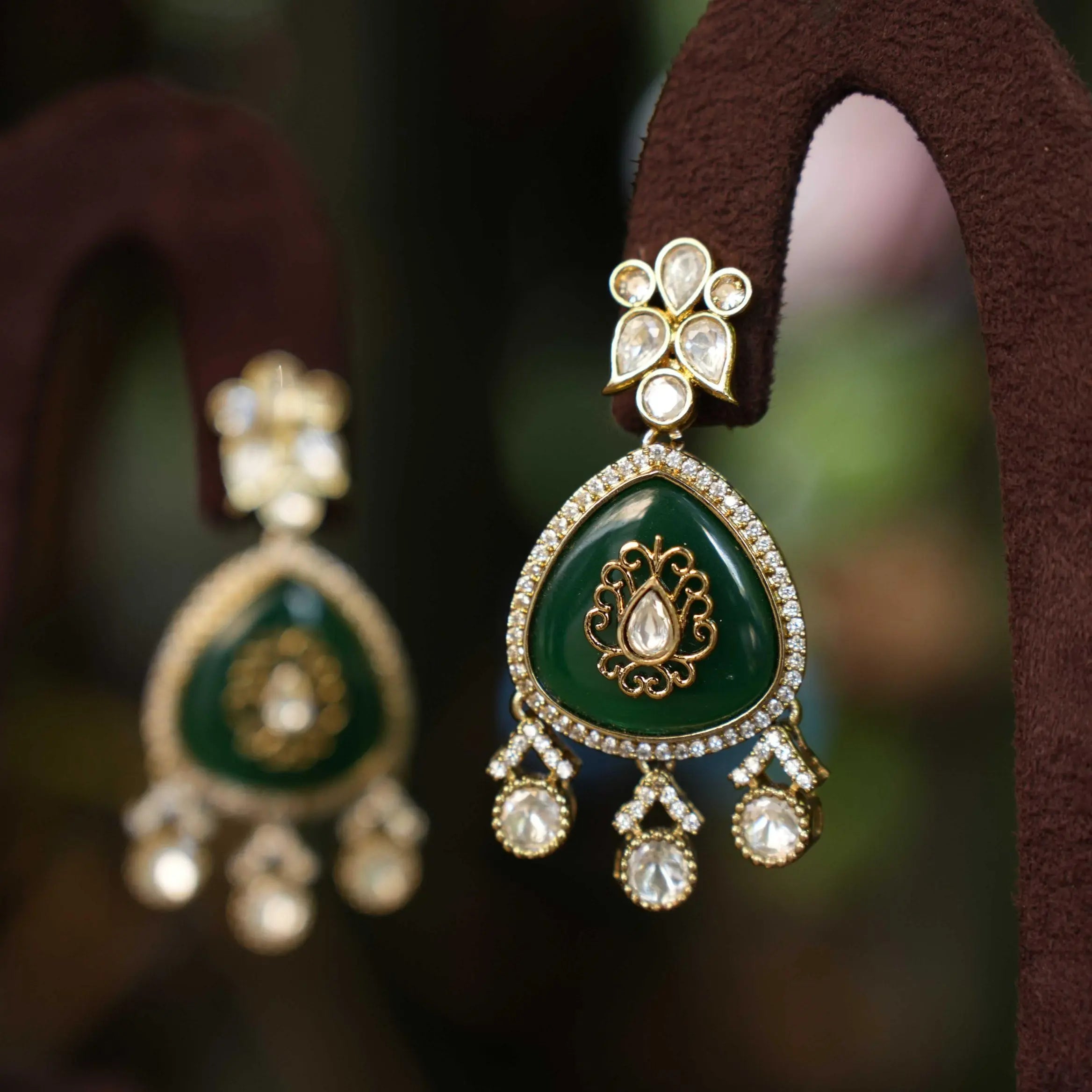 Kimaya Designer Polki Earrings - Dark Green