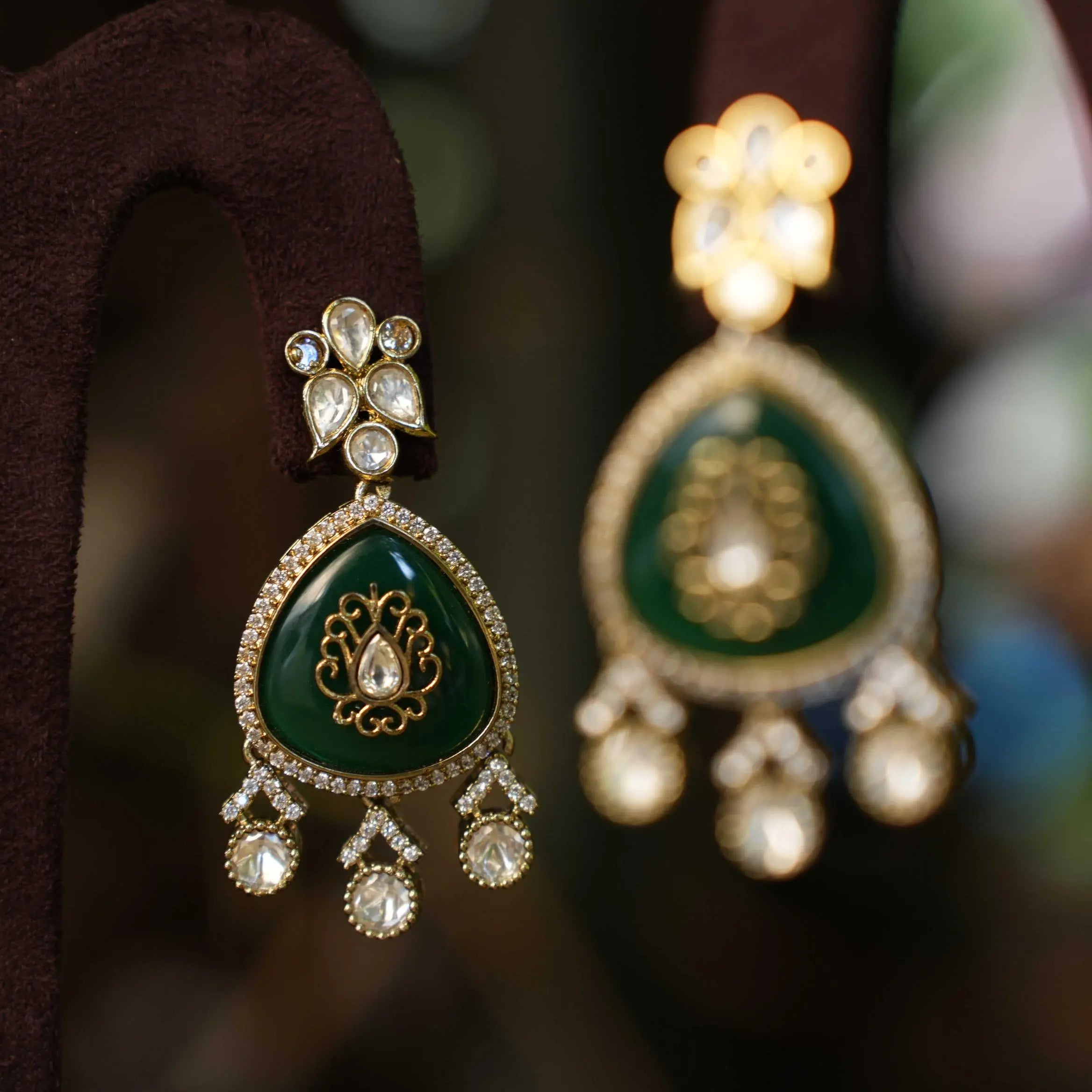 Kimaya Designer Polki Earrings - Dark Green