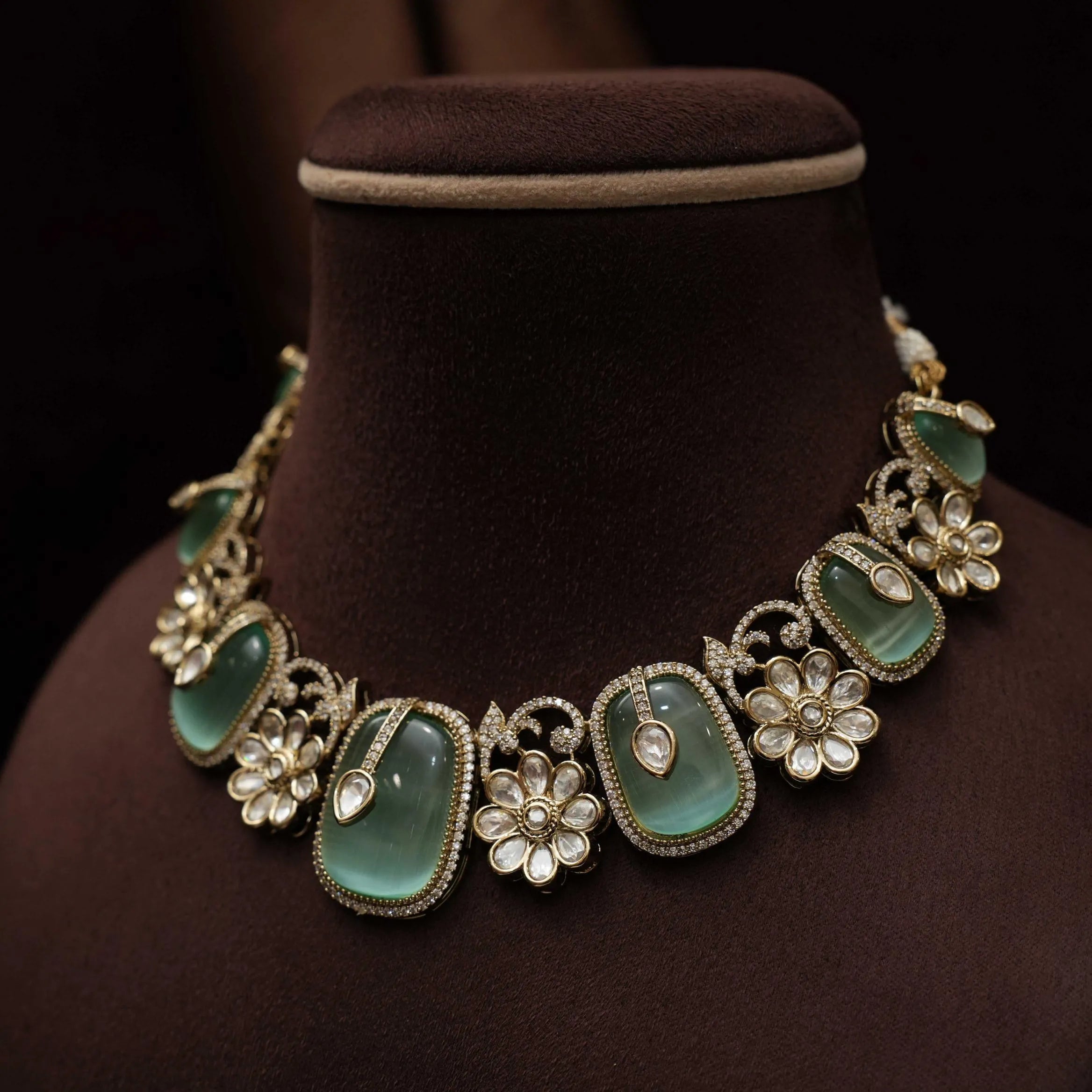 Kivira Kundan Floral Choker - Sea Green