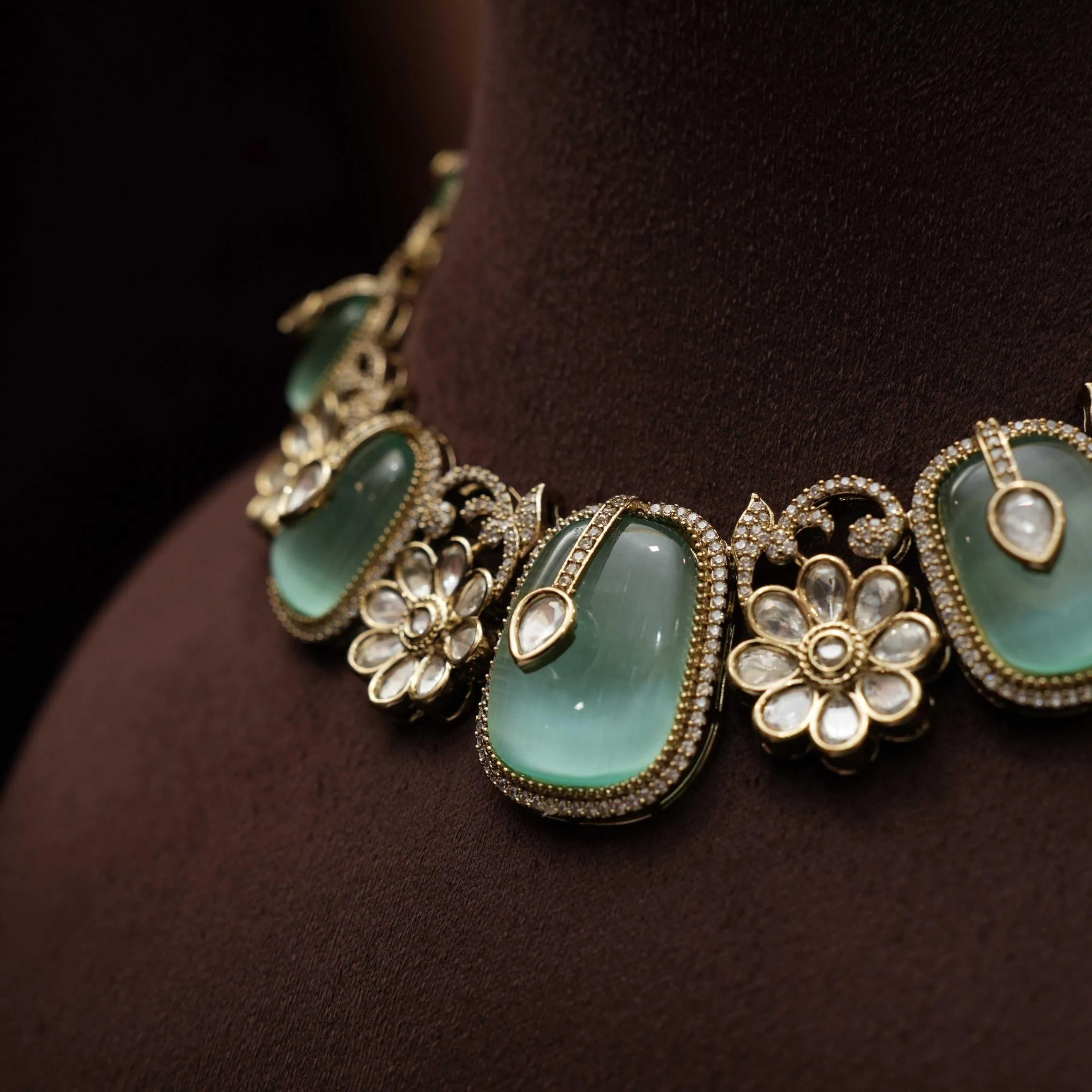 Kivira Kundan Floral Choker - Sea Green