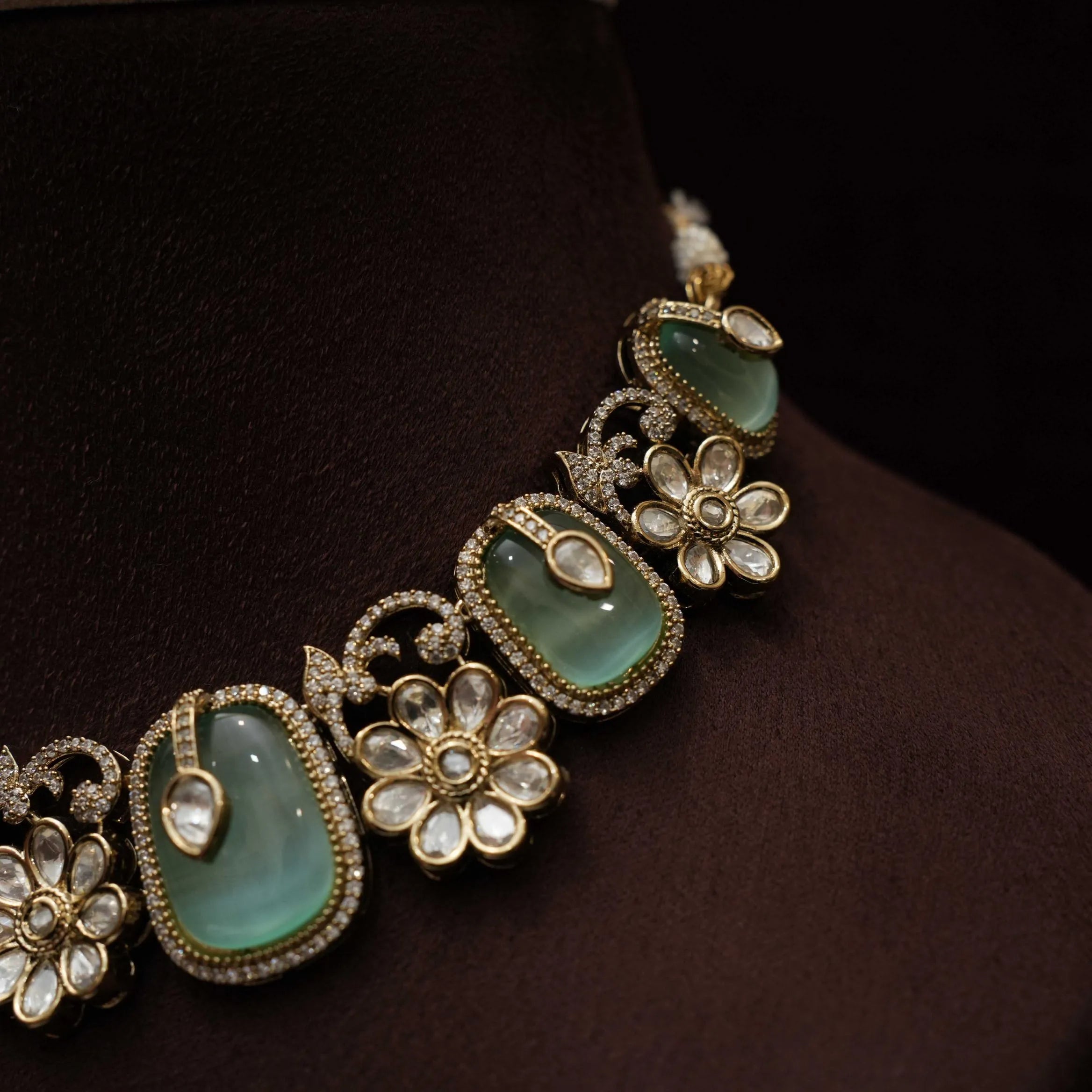 Kivira Kundan Floral Choker - Sea Green