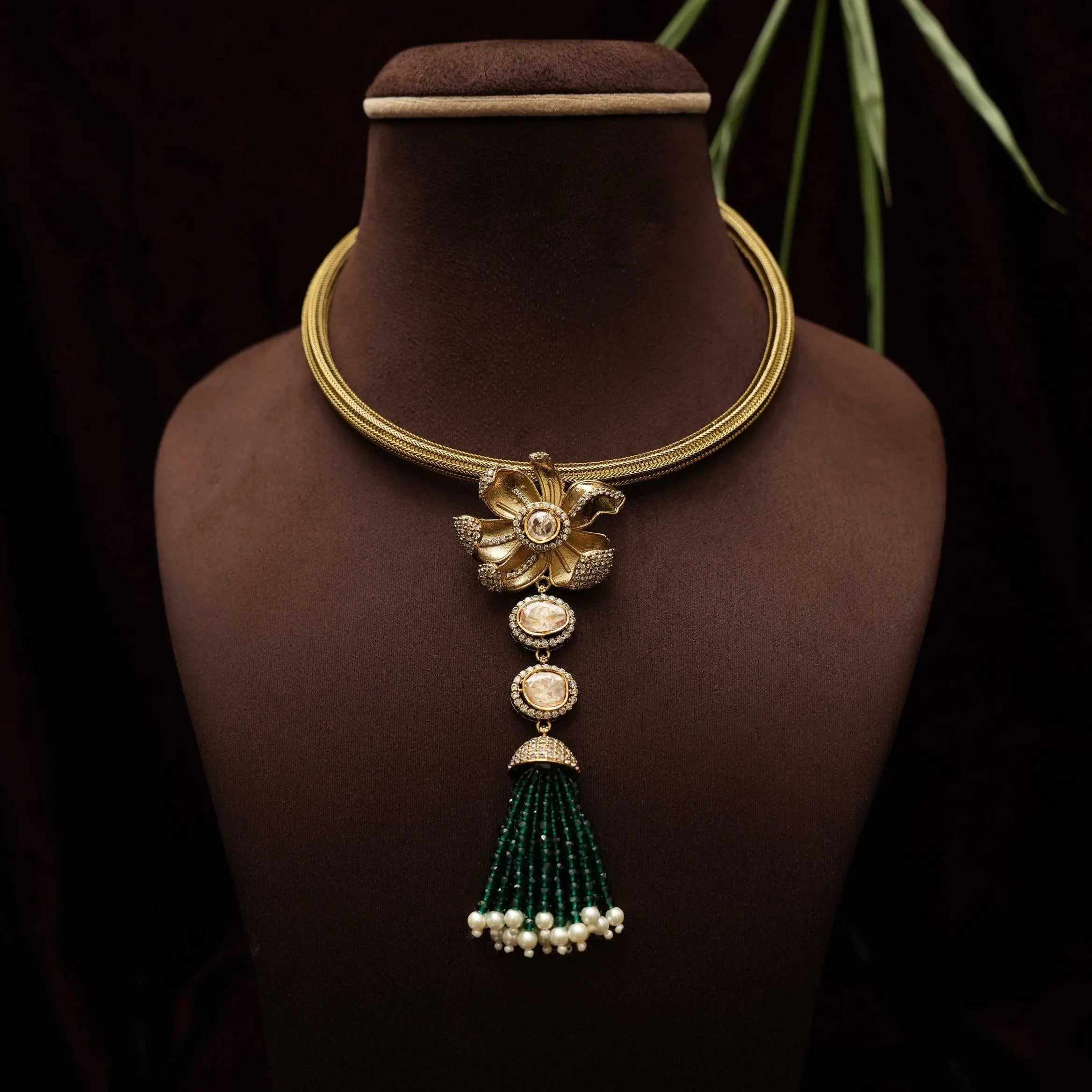 Kripa Zircon Designer Necklace - Dark Green