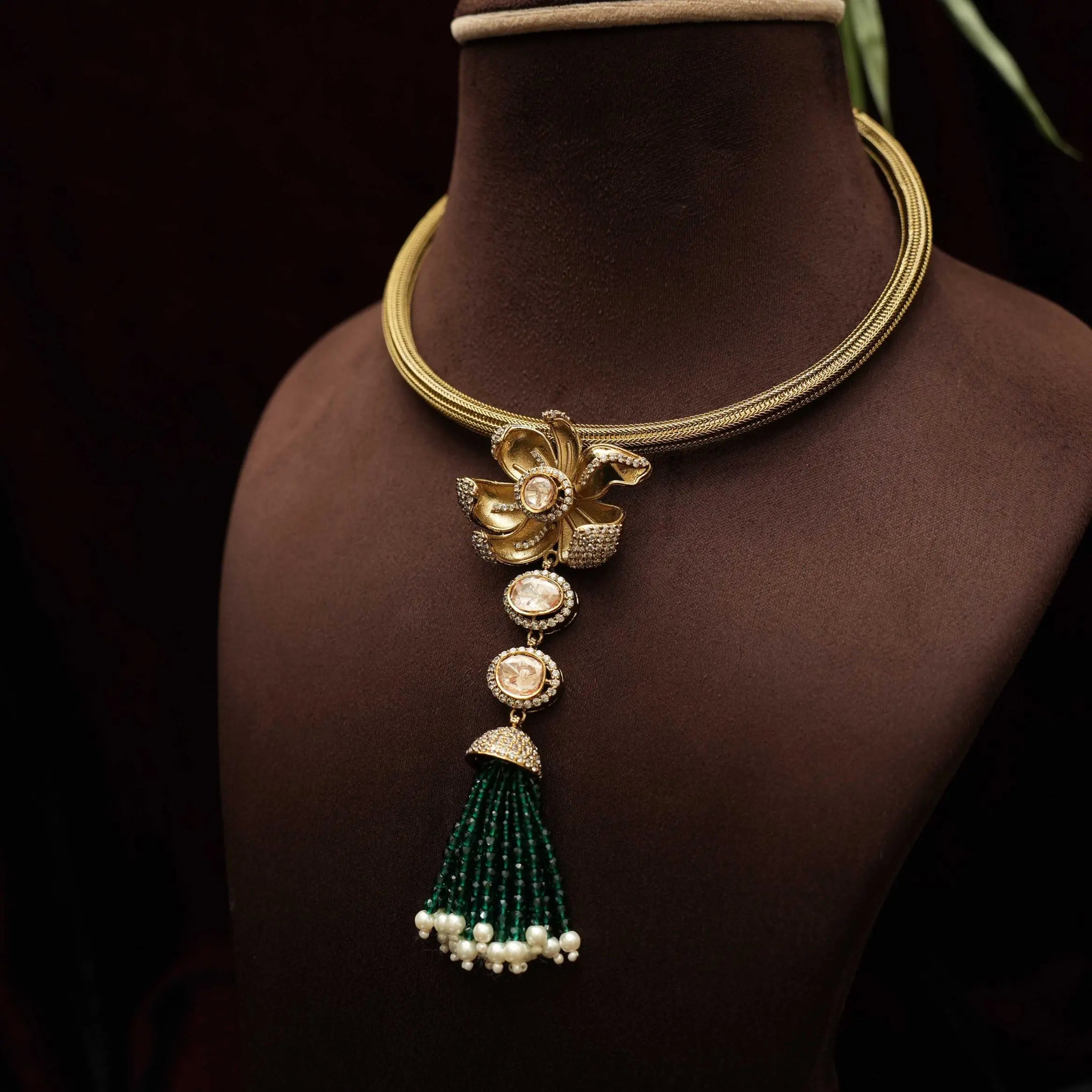 Kripa Zircon Designer Necklace - Dark Green