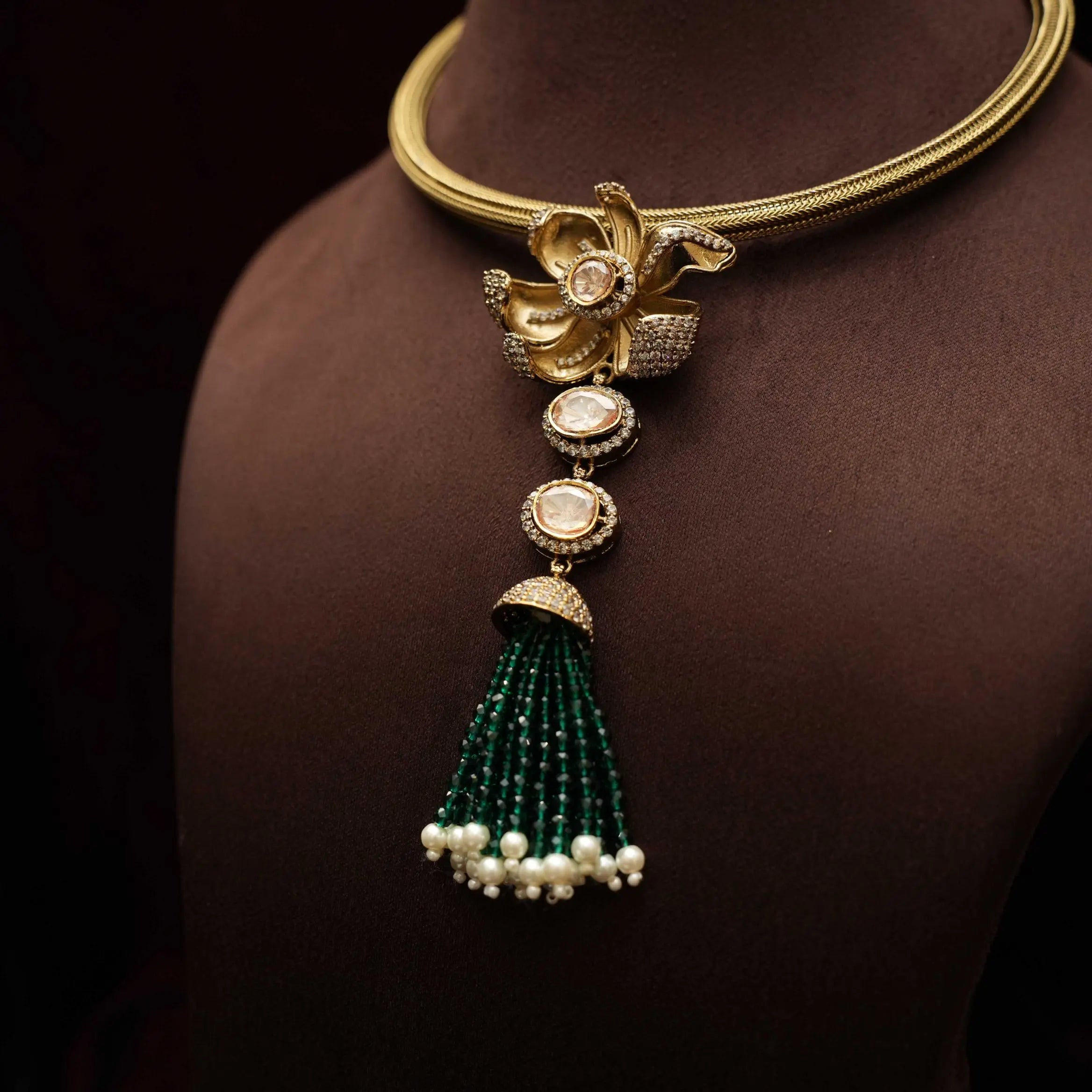 Kripa Zircon Designer Necklace - Dark Green