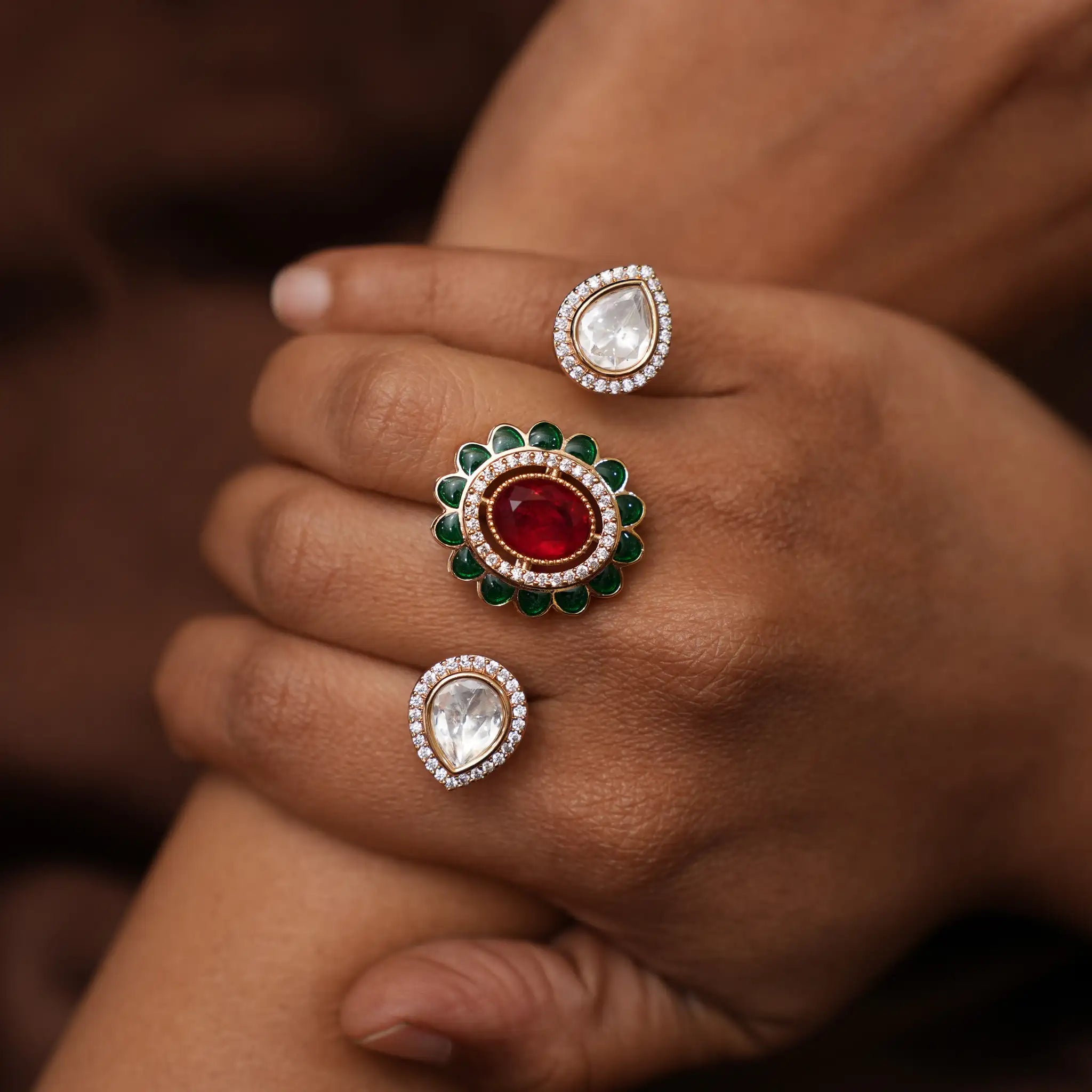 Kshiti Polki Ring - Green & Red