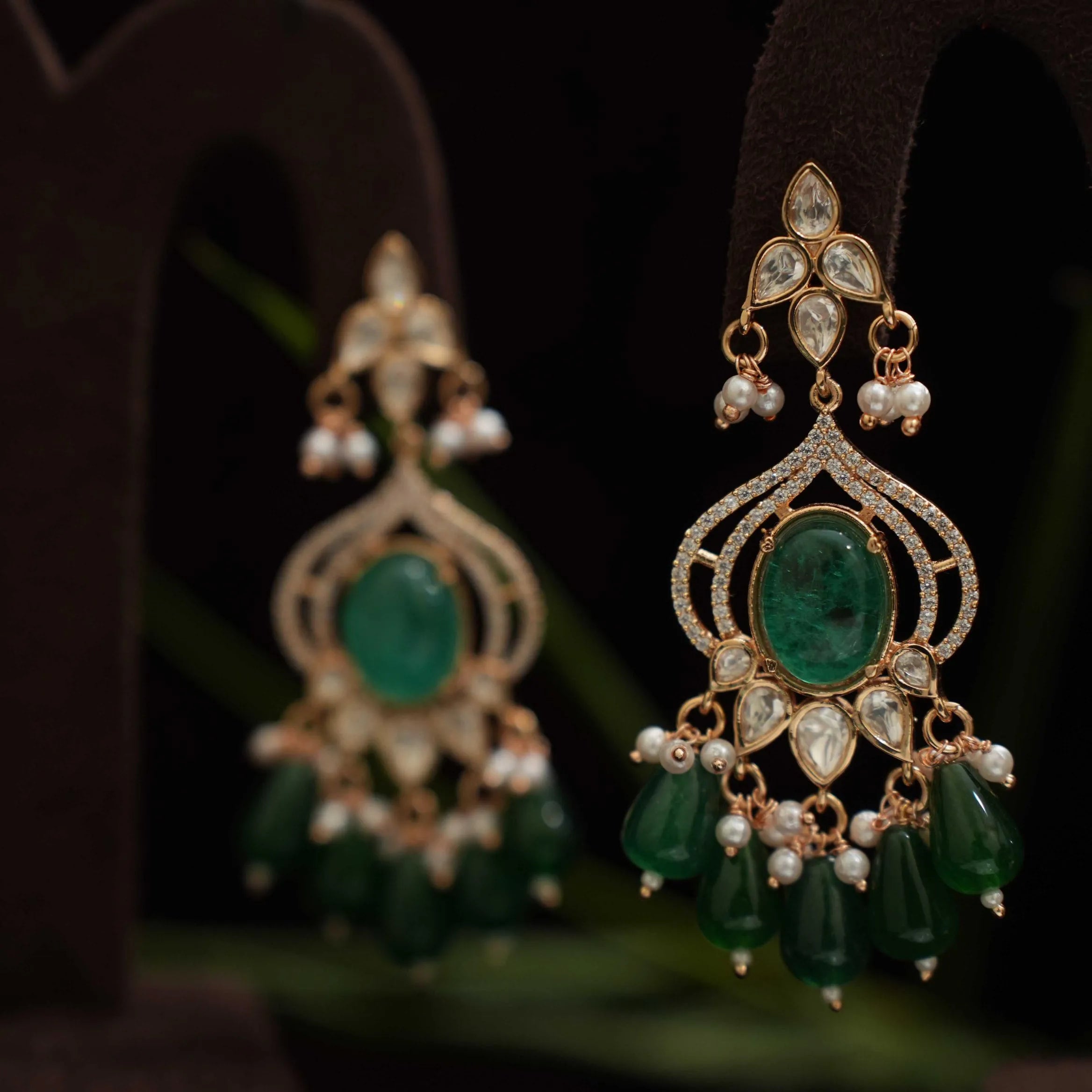 Kuvira Polki Designer Earrings - Dark Green