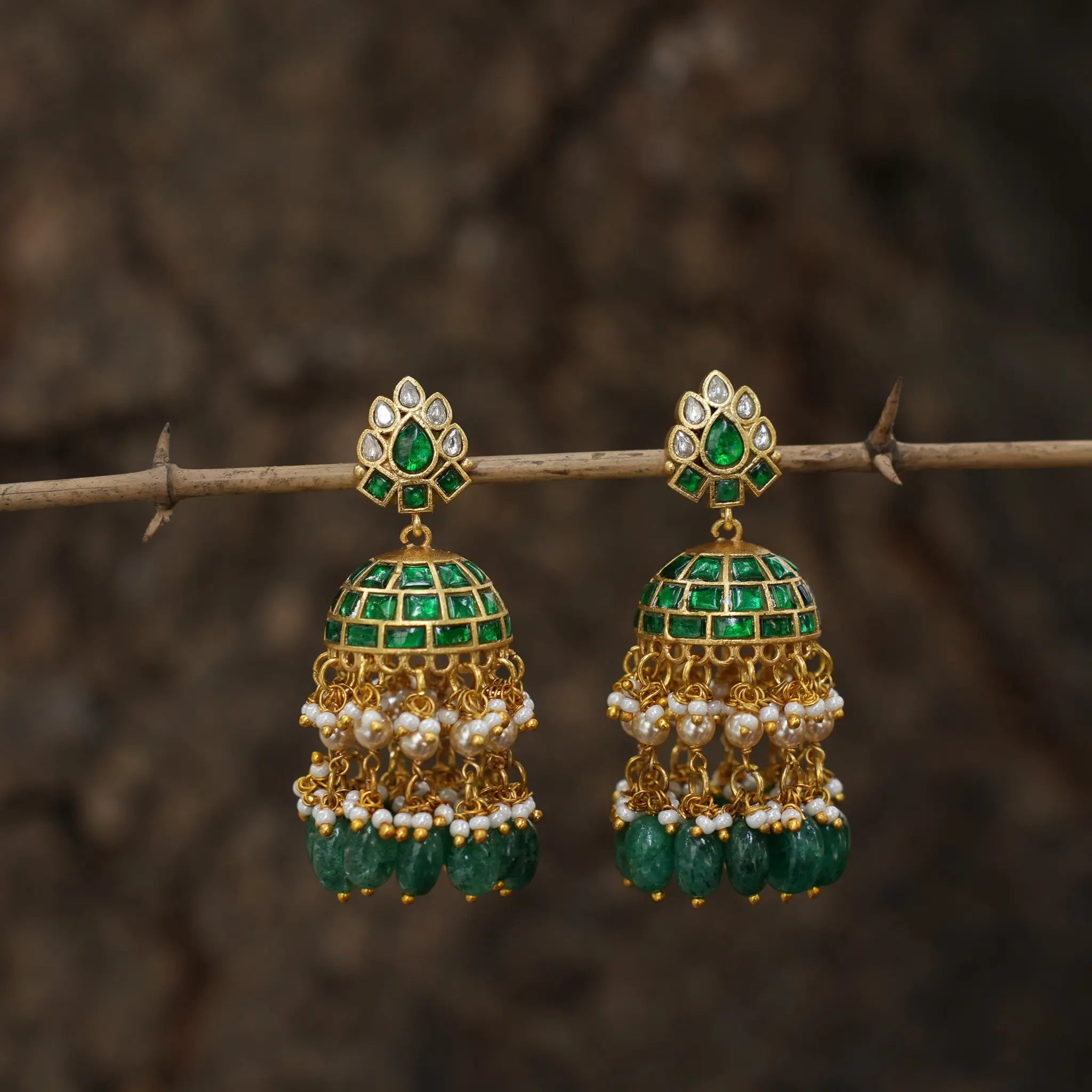 Leena Polki Jhumka Earrings - Green