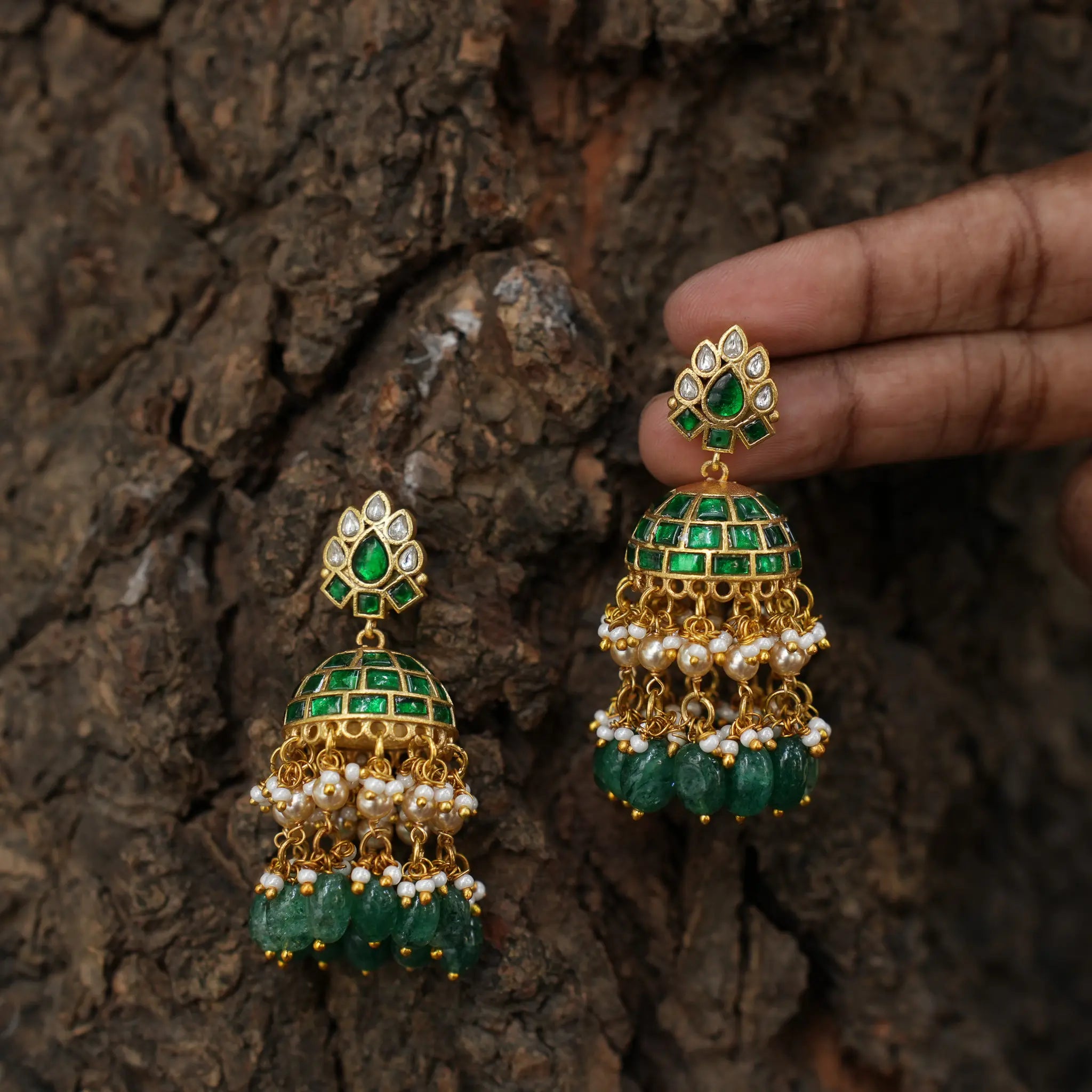 Leena Polki Jhumka Earrings - Green