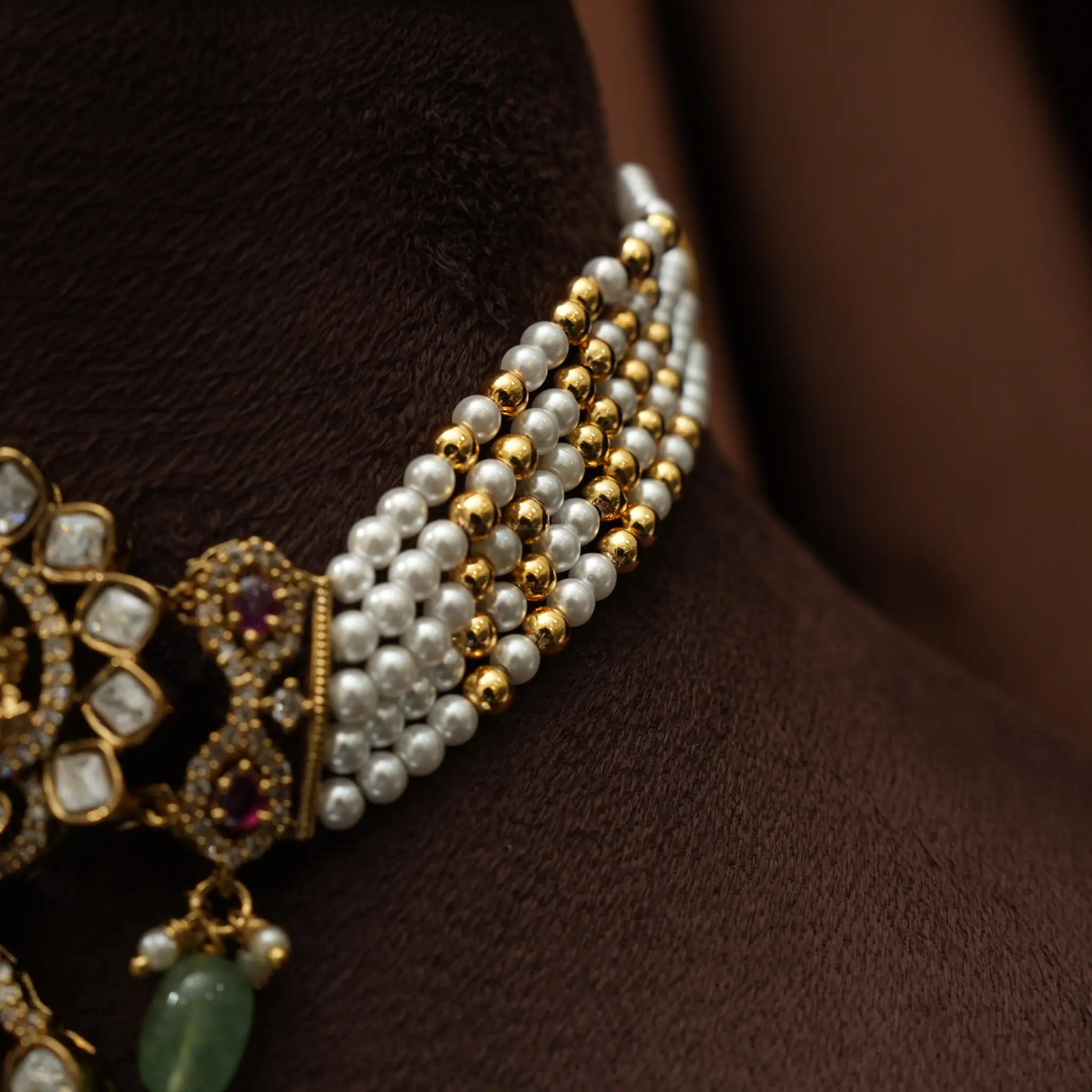 Lina Beaded Polki Choker - Green Beads