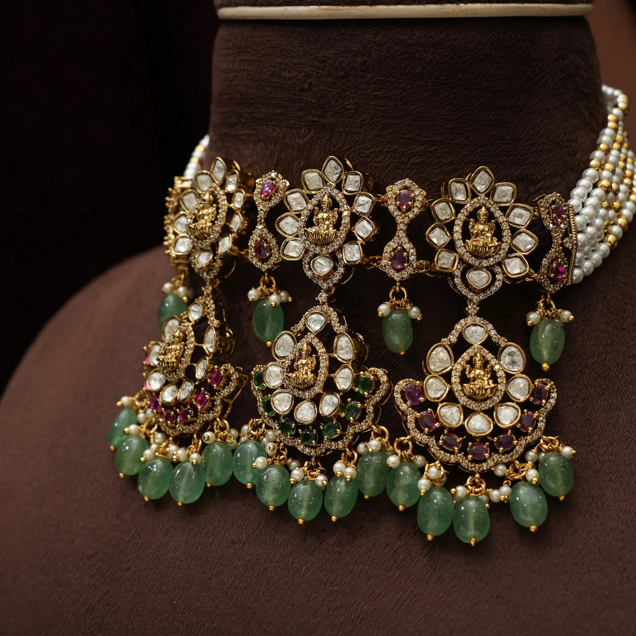 Lina Beaded Polki Choker - Green Beads