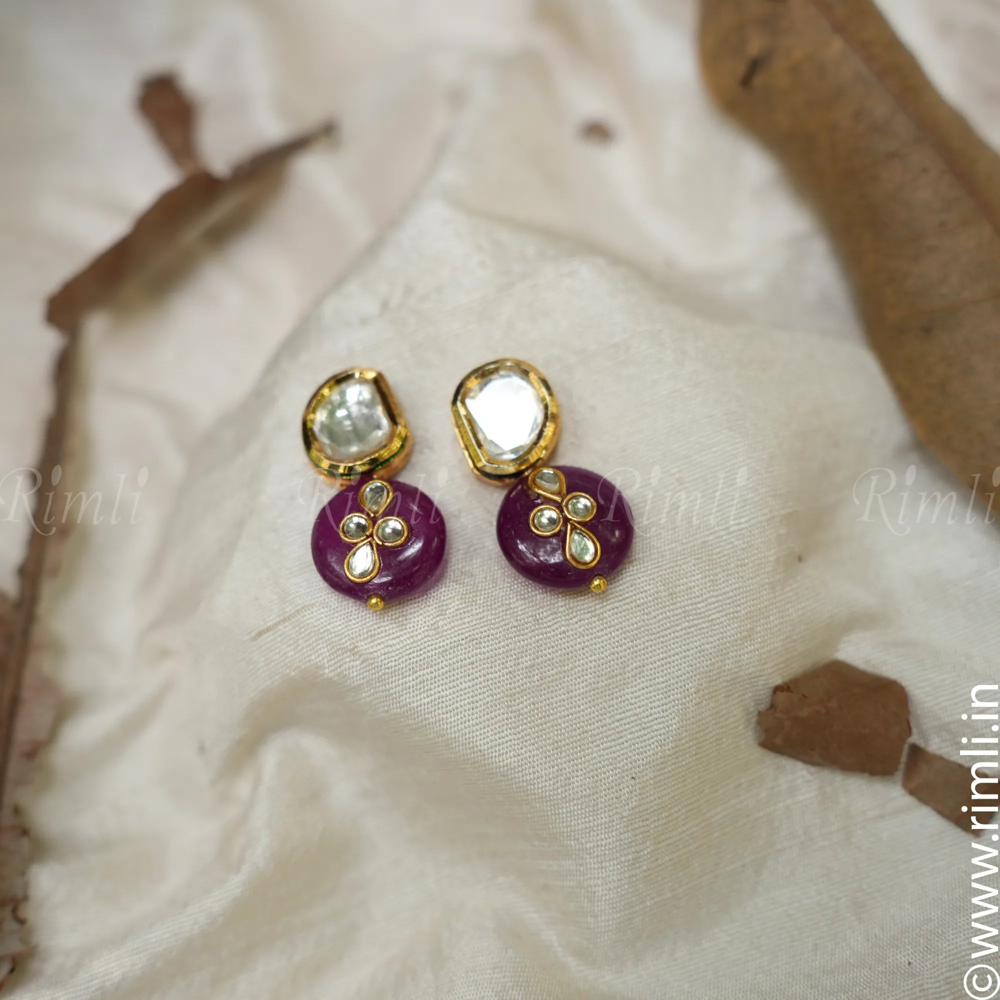 Floral Kundan Earrings - Magenta - Rimli Boutique