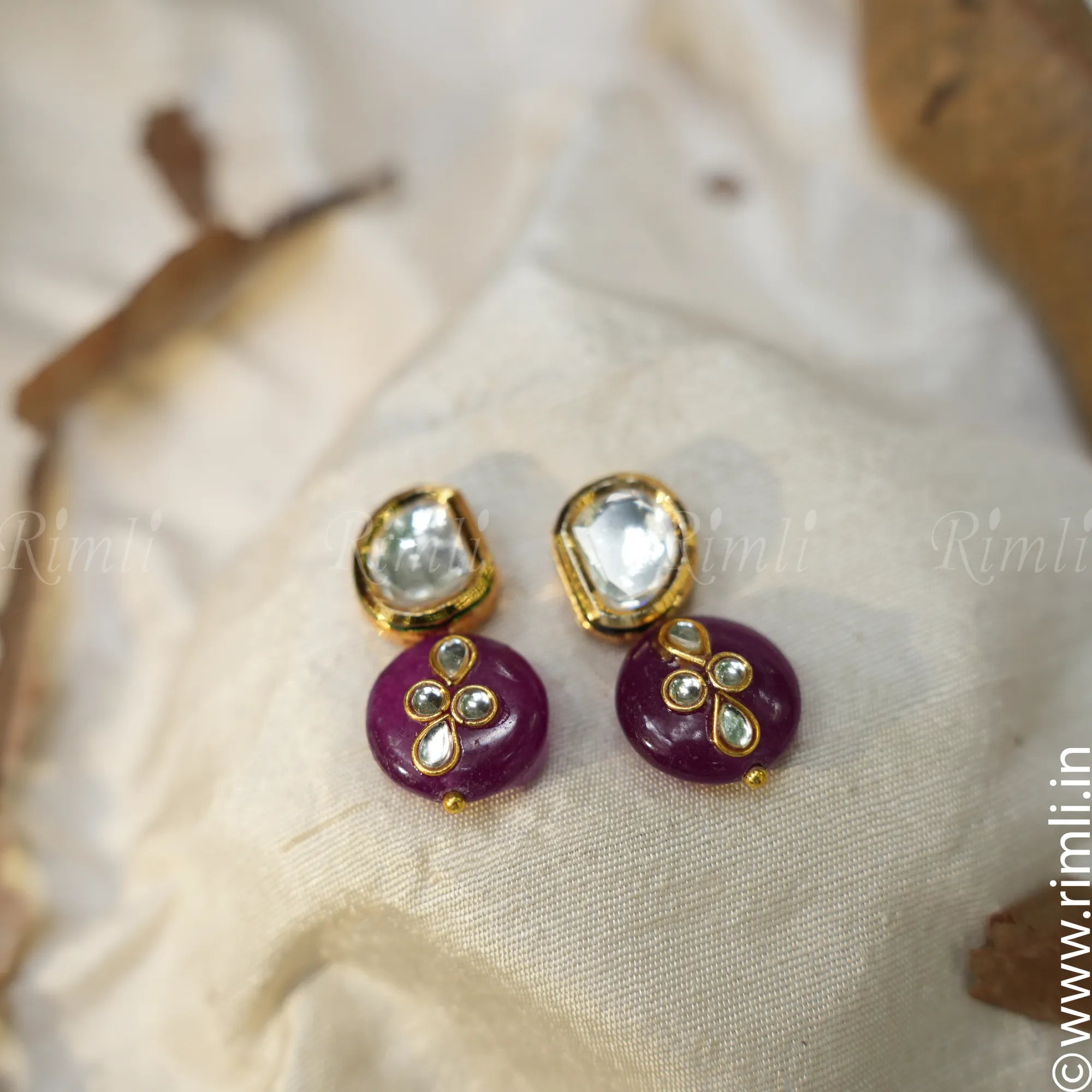 Floral Kundan Earrings - Magenta - Rimli Boutique