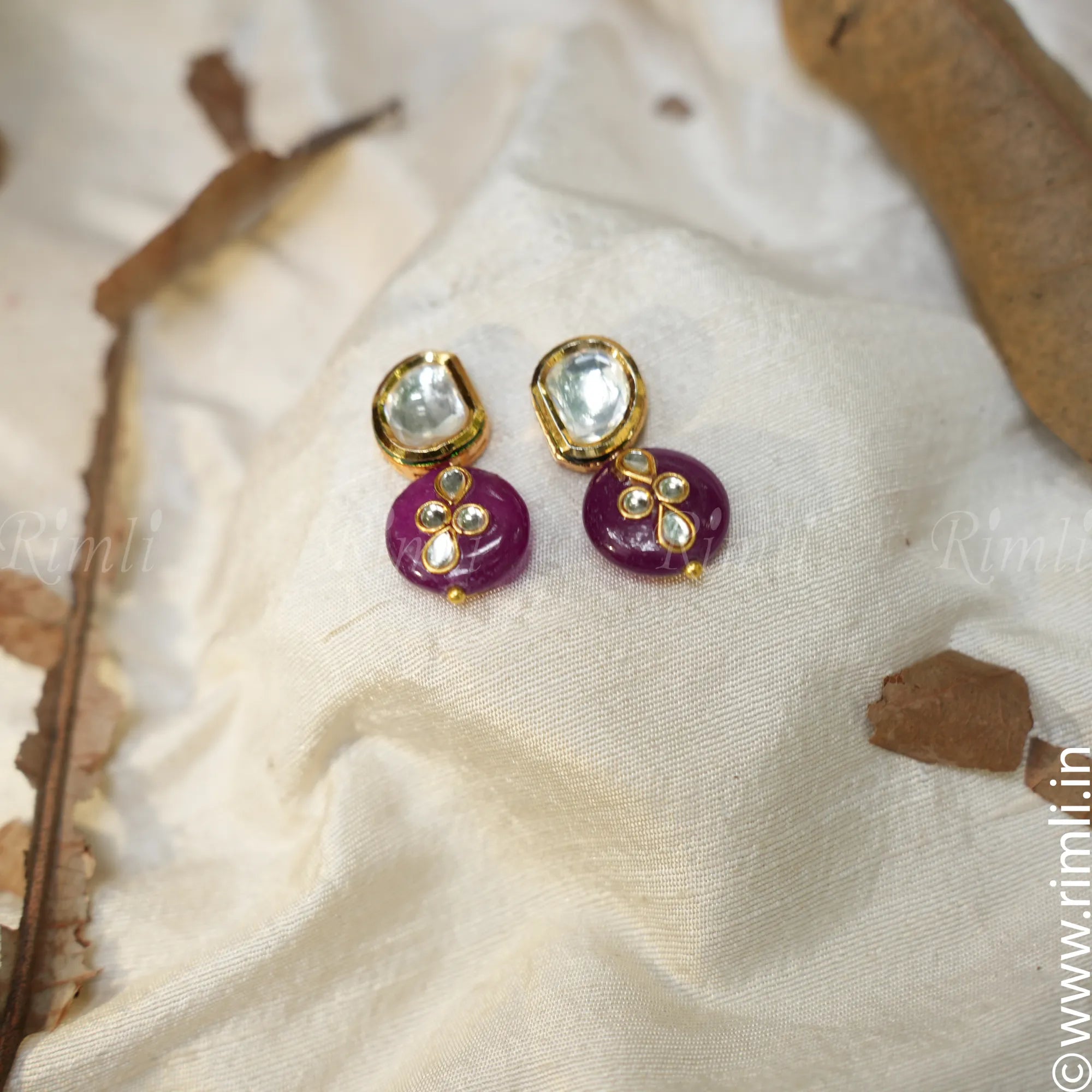 Floral Kundan Earrings - Magenta - Rimli Boutique