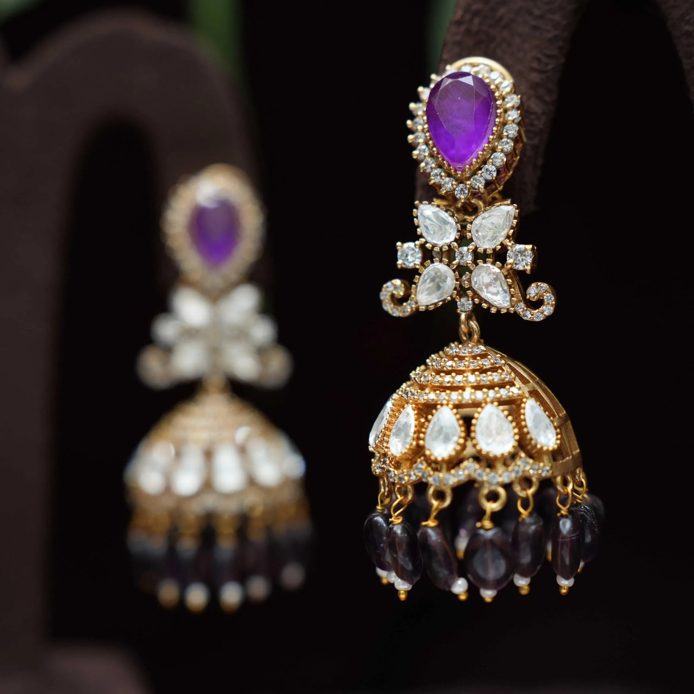 Madeeha Polki Jhumka Earrings - Purple