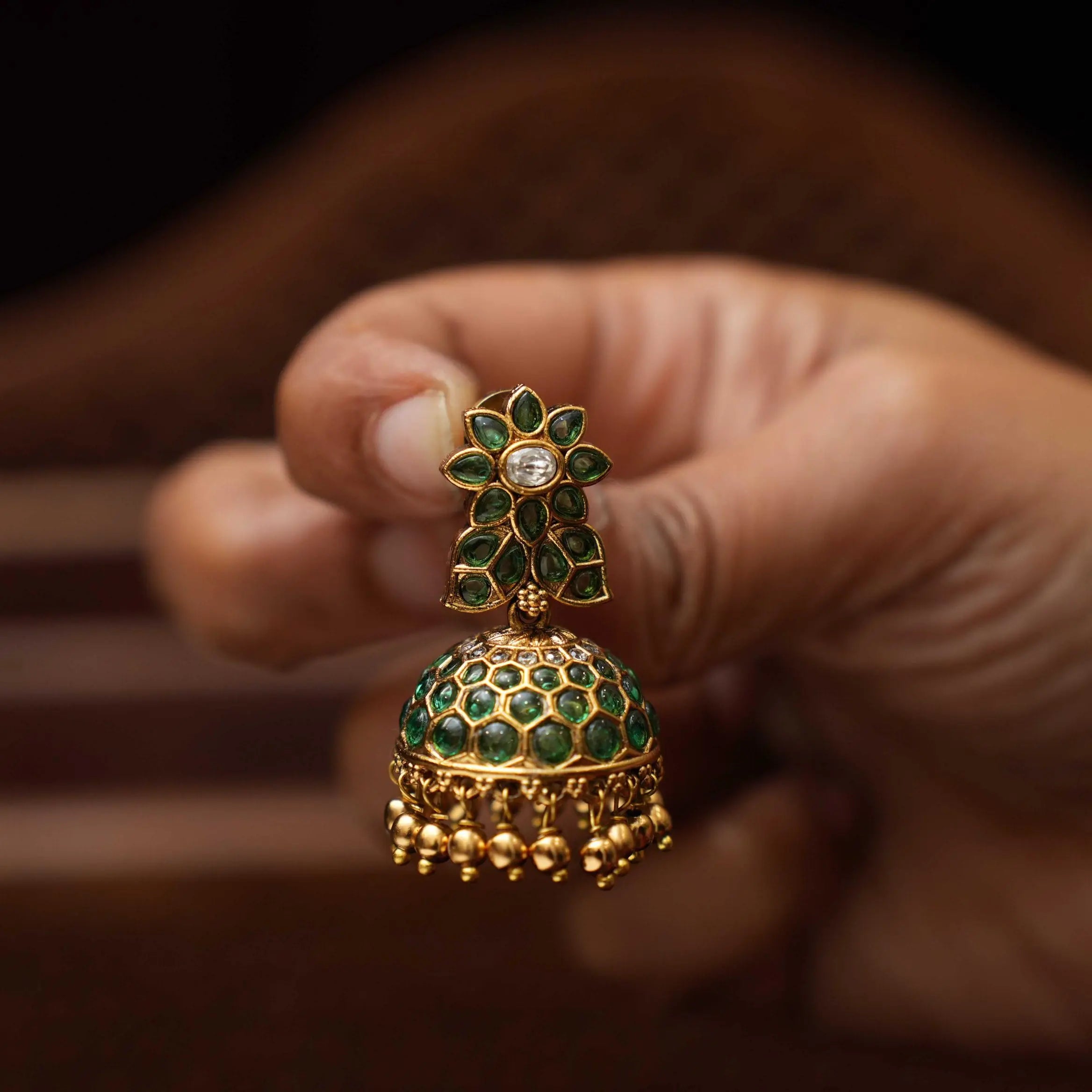 Madhuja Antique Jhumka Earrings - Green