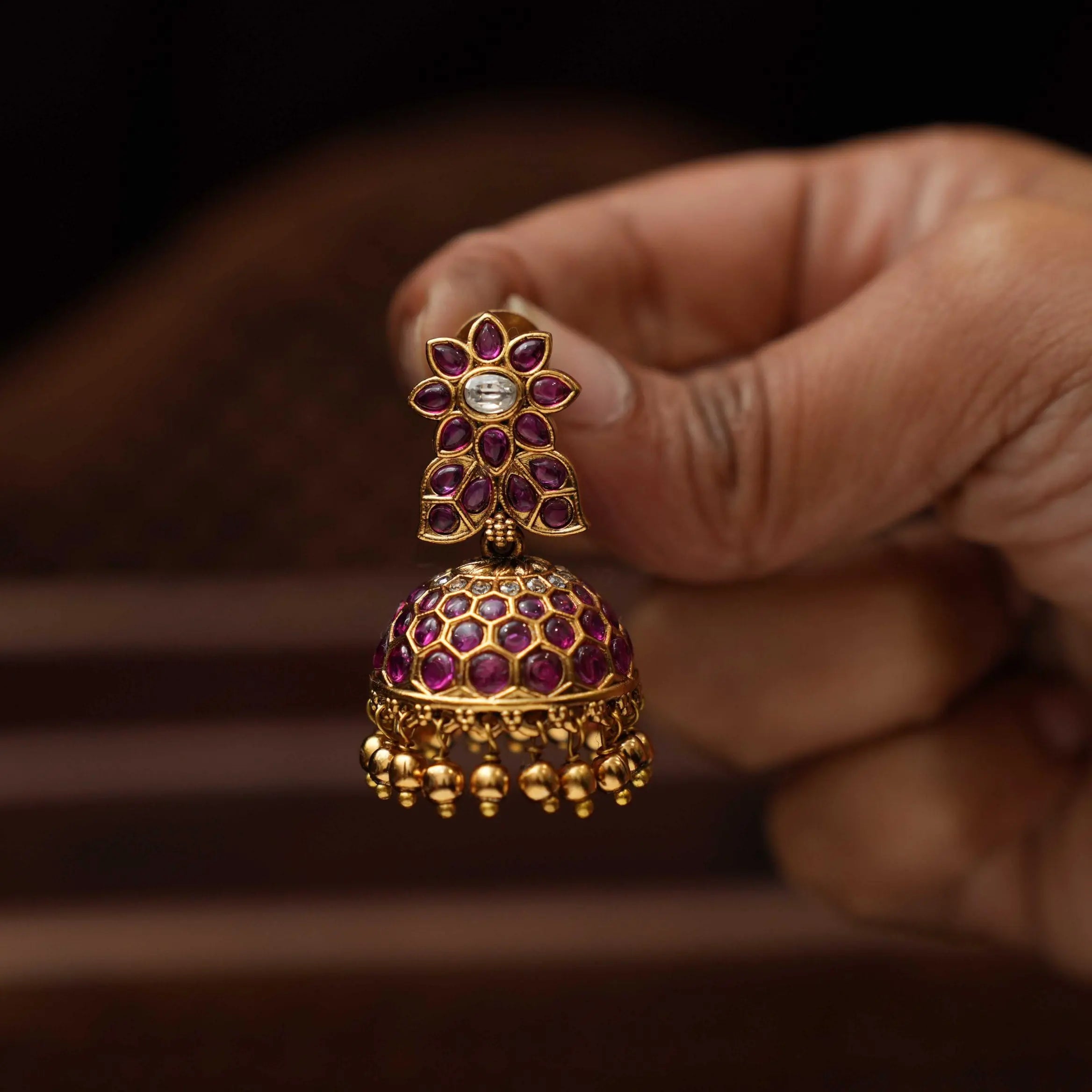 Madhuja Antique Jhumka Earrings - Red