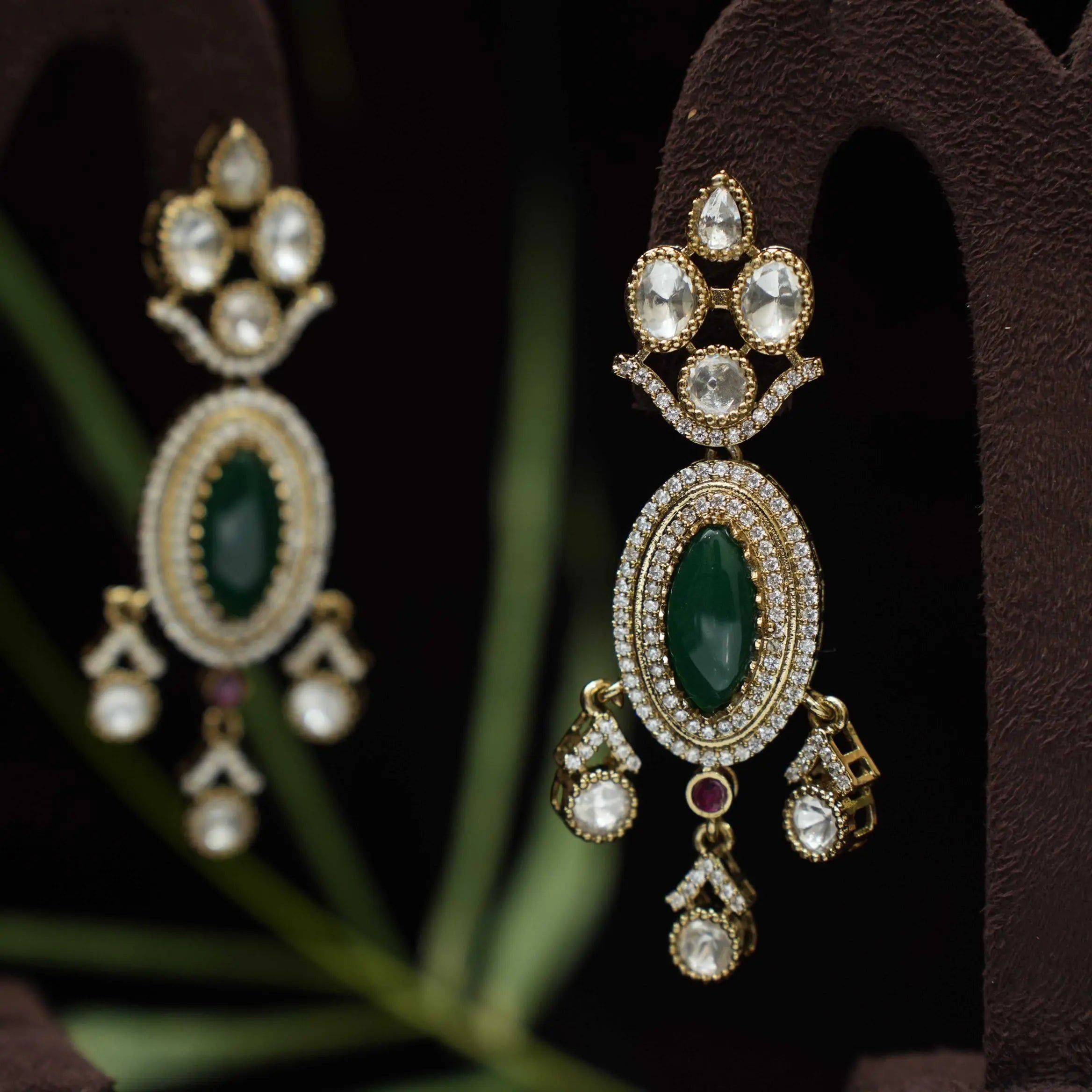 Manhitha Designer Polki Earrings - Dark Green