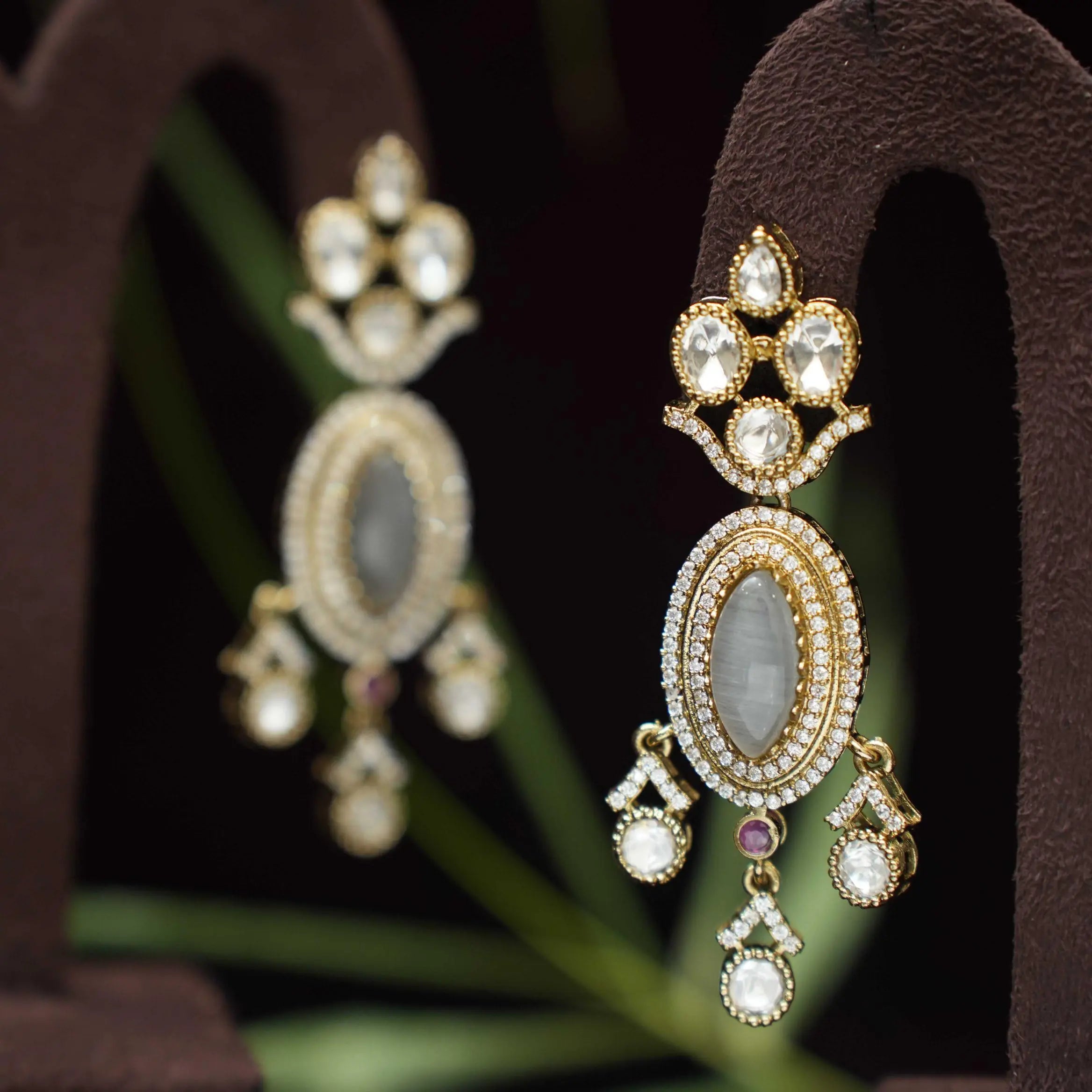 Manhitha Designer Polki Earrings - Grey