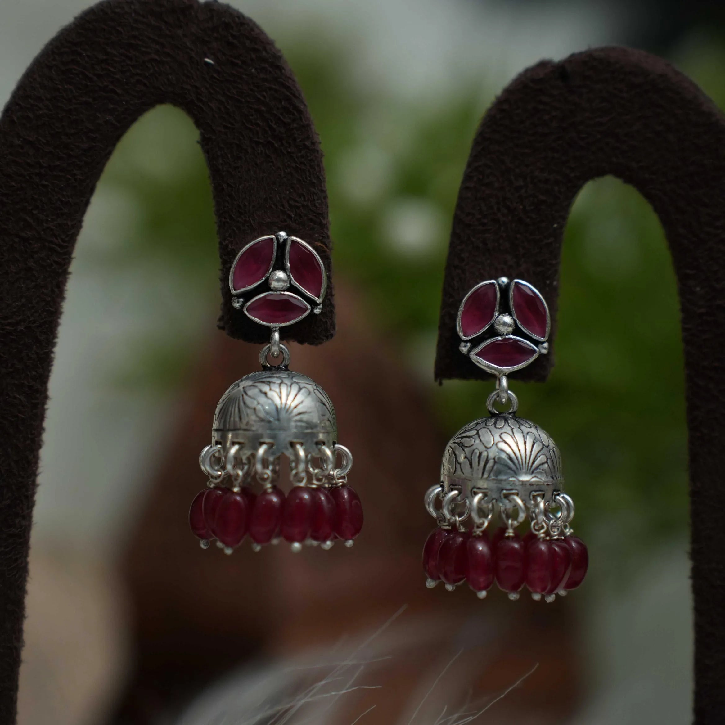 Selvi Silver Jhumka Earrings - Red