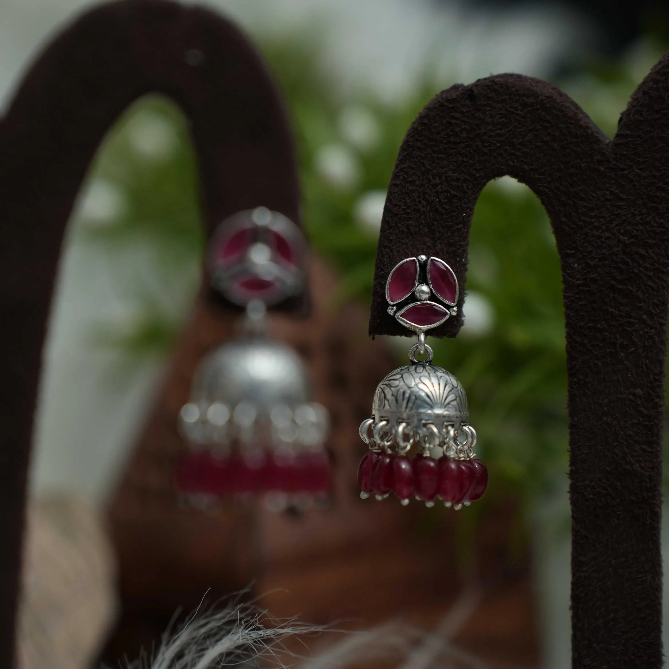 Selvi Silver Jhumka Earrings - Red