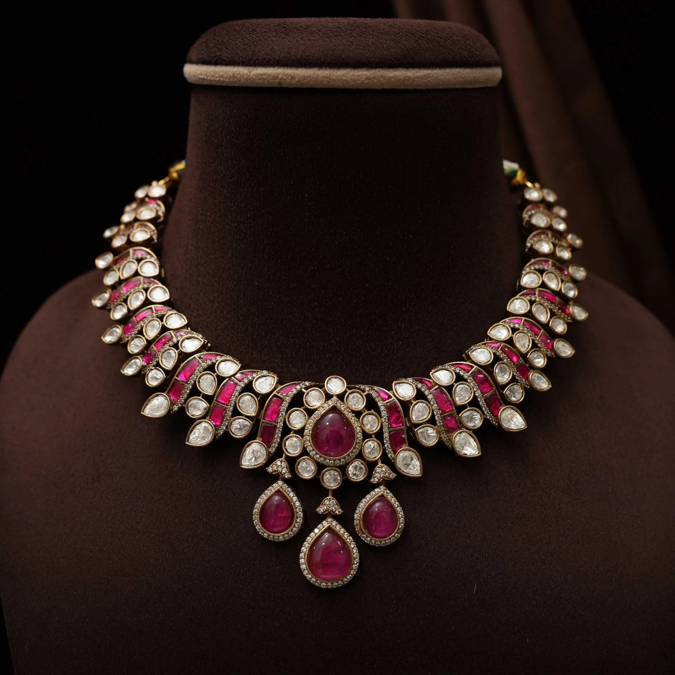 Mishti Victorian Polki Necklace - Reddish Pink