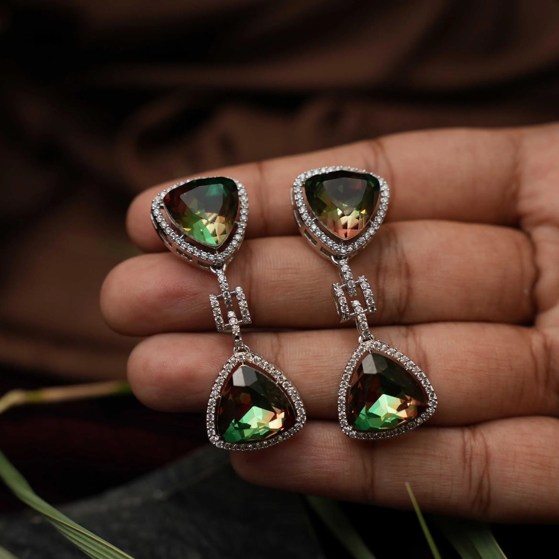 Moshika Zircon Earrings - Olive Green