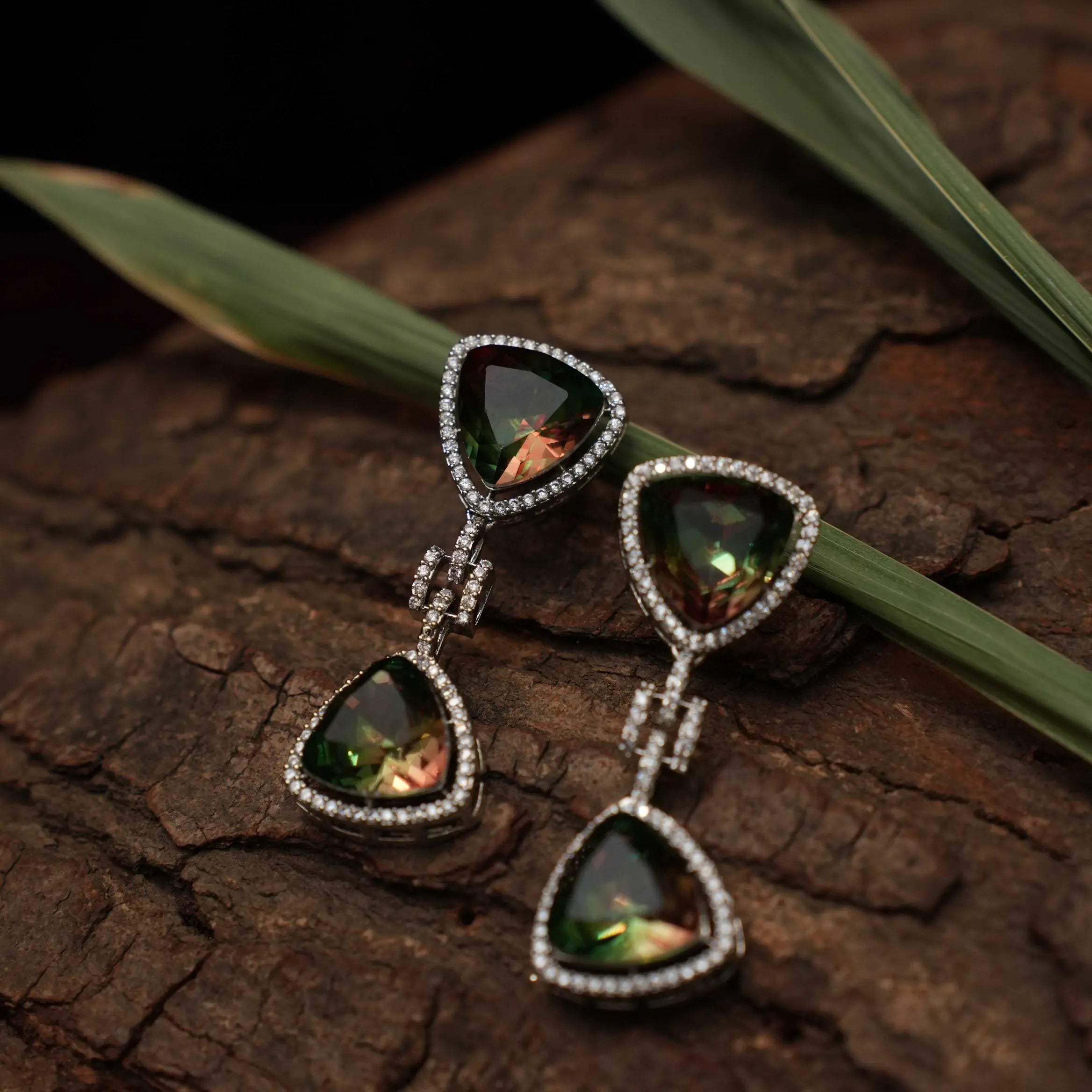 Moshika Zircon Earrings - Olive Green