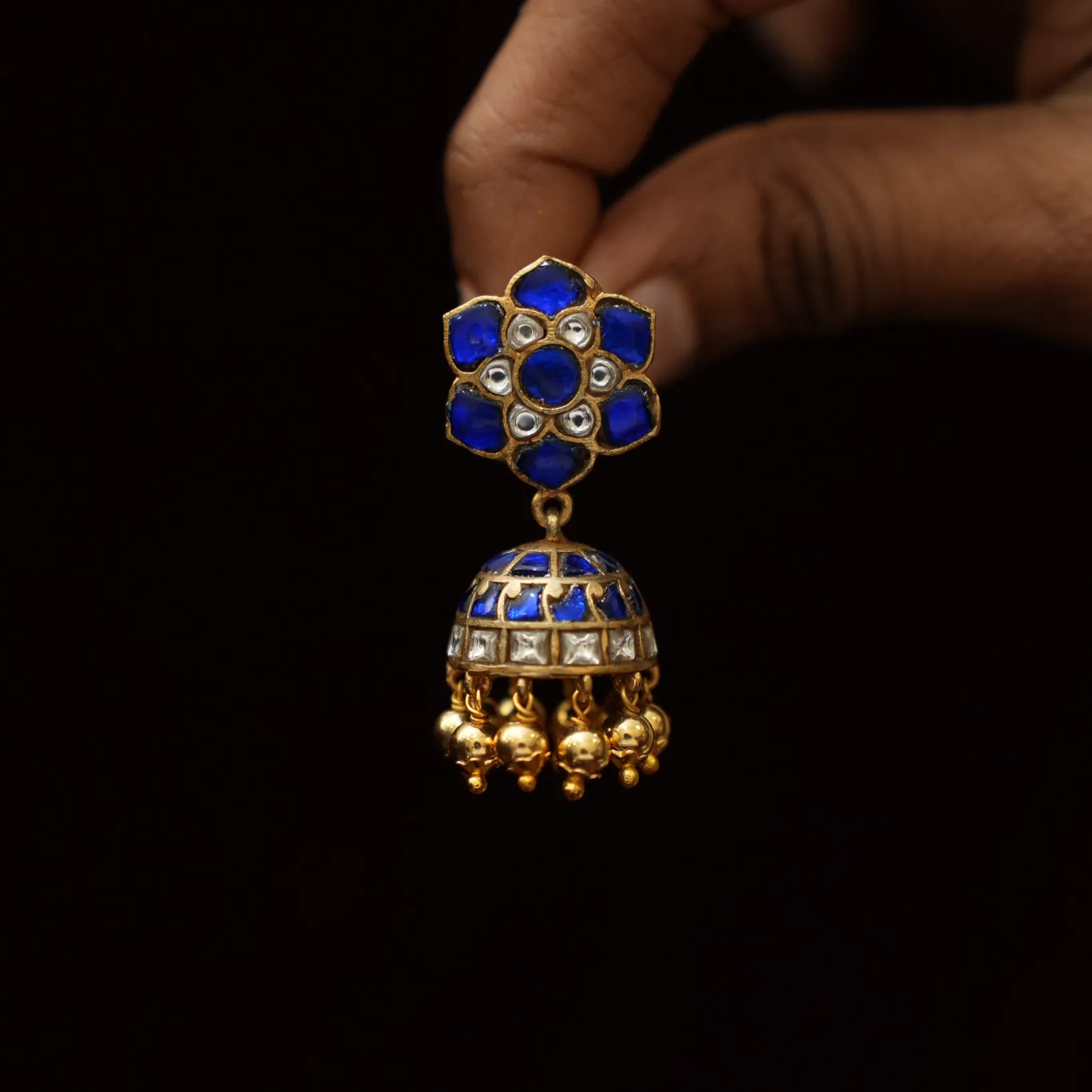 Navina Mini Polki Jhumka Earrings - Blue