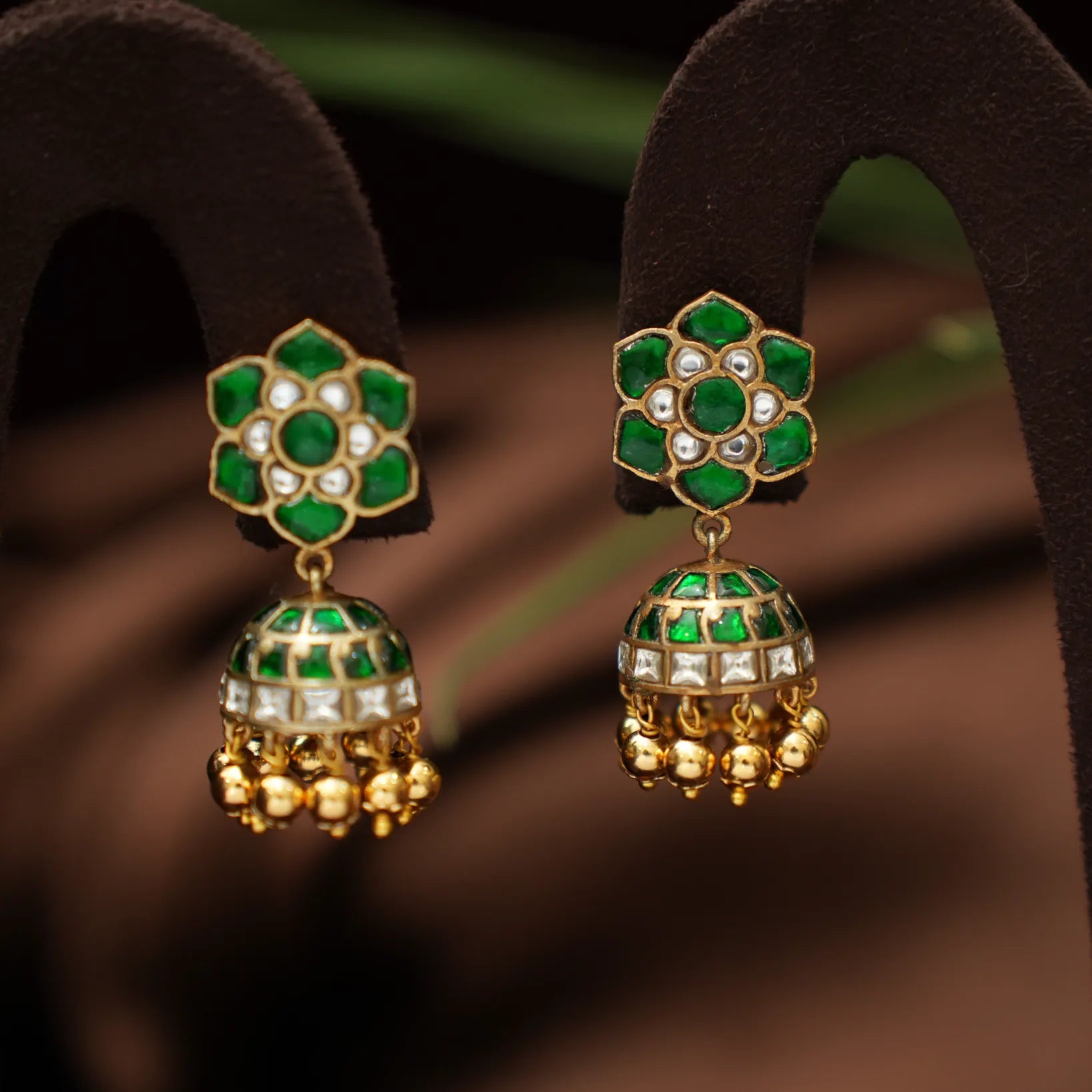 Navina Mini Polki Jhumka Earrings - Green
