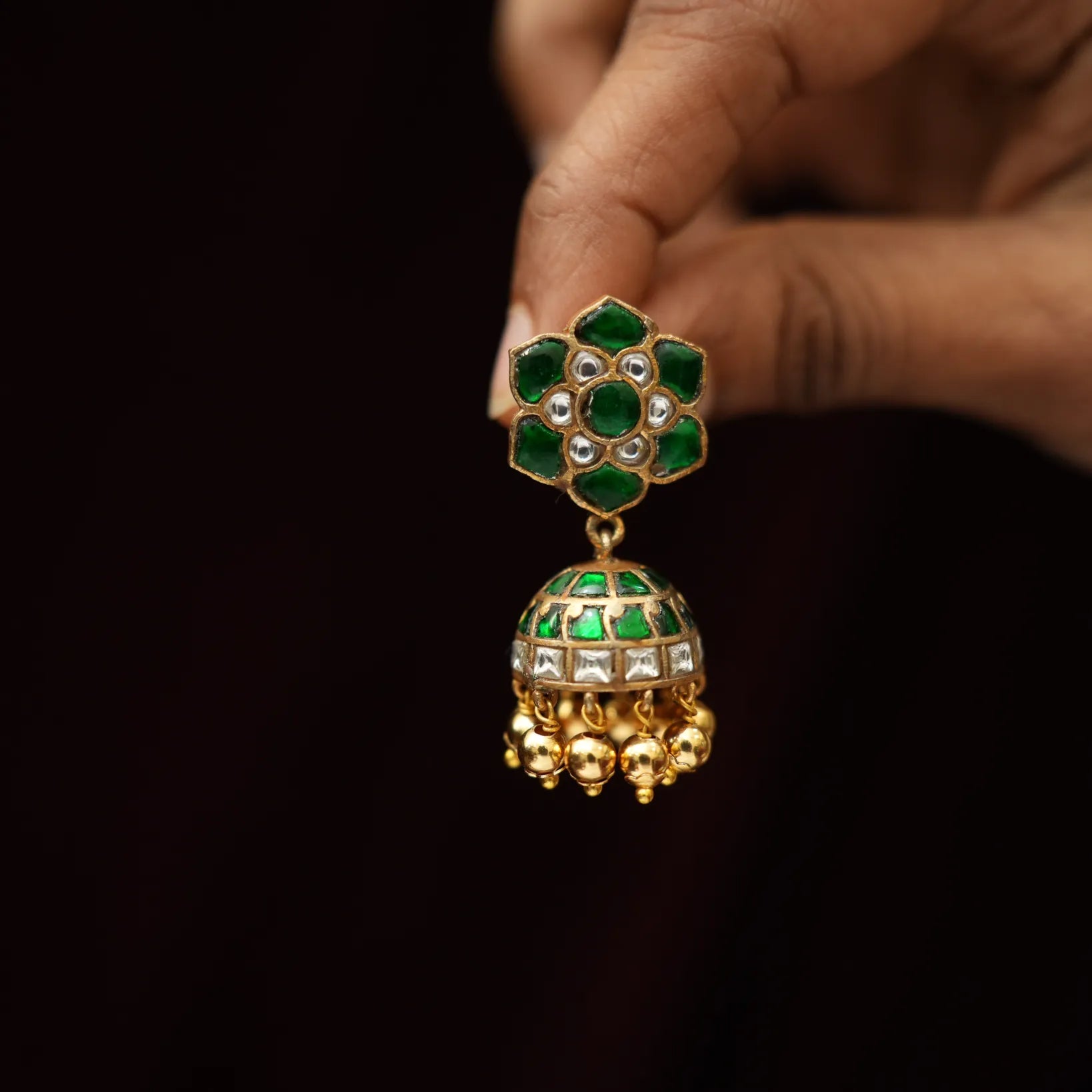Navina Mini Polki Jhumka Earrings - Green