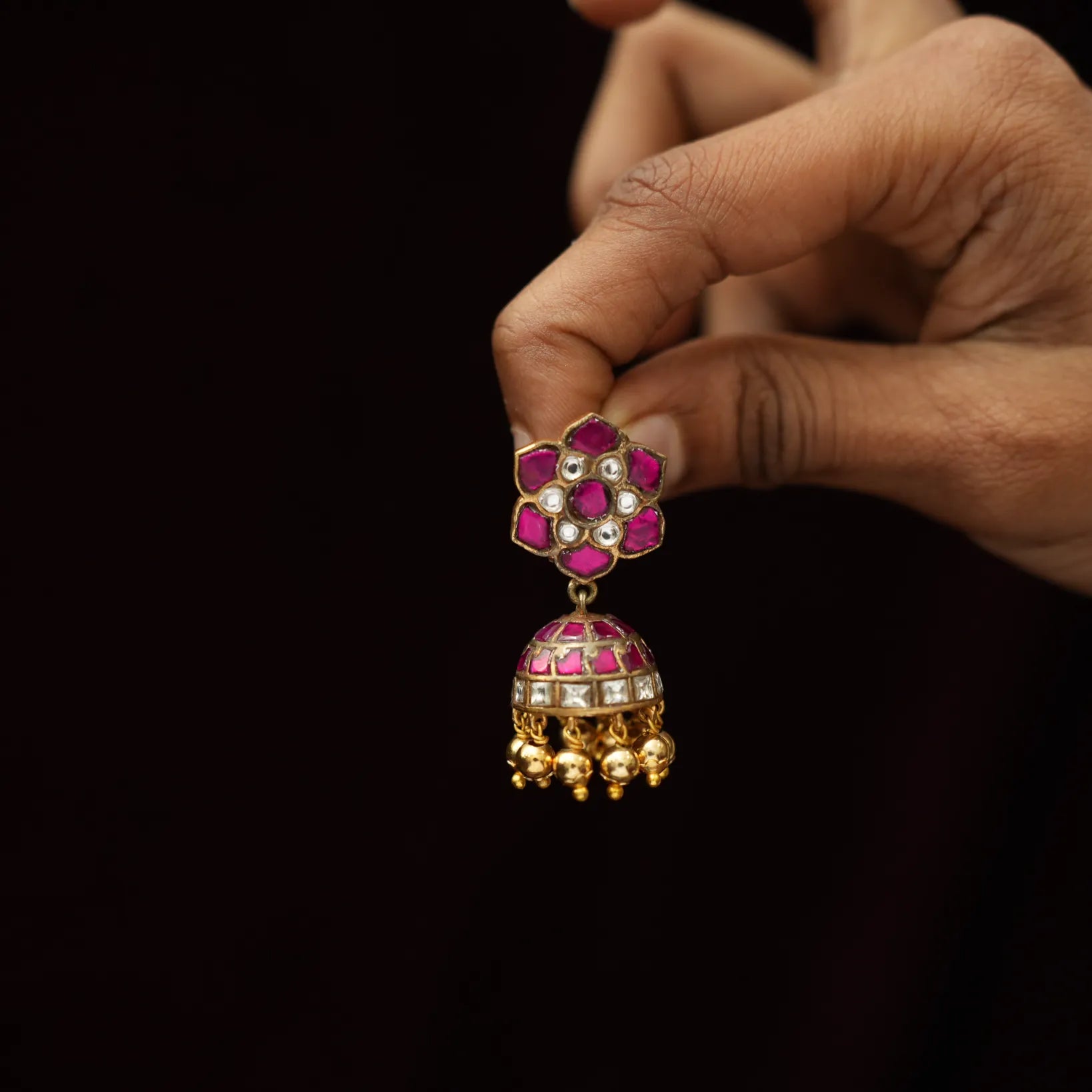 Navina Mini Polki Jhumka Earrings - Reddish Pink