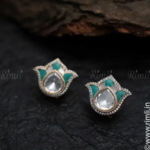 Daksha Lotus Ear Stud - Turquoise & Grey - Rimli Boutique