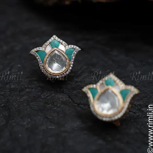 Daksha Lotus Ear Stud - Turquoise & Grey
