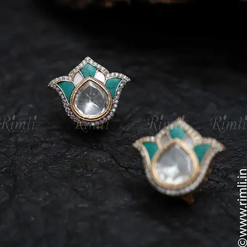 Daksha Lotus Ear Stud - Turquoise & Grey - Rimli Boutique