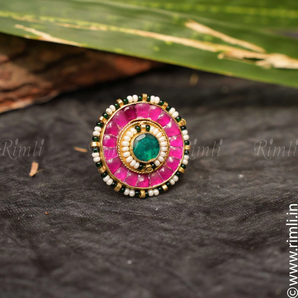 Green Color Gold Plated Faux Polki Ring - PK-R70GR main image 1