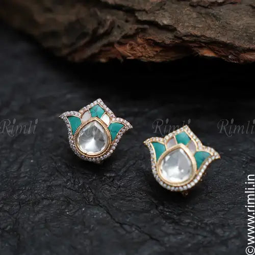 Daksha Lotus Ear Stud - Turquoise & Grey - Rimli Boutique