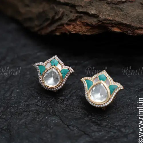 Daksha Lotus Ear Stud - Turquoise & Grey