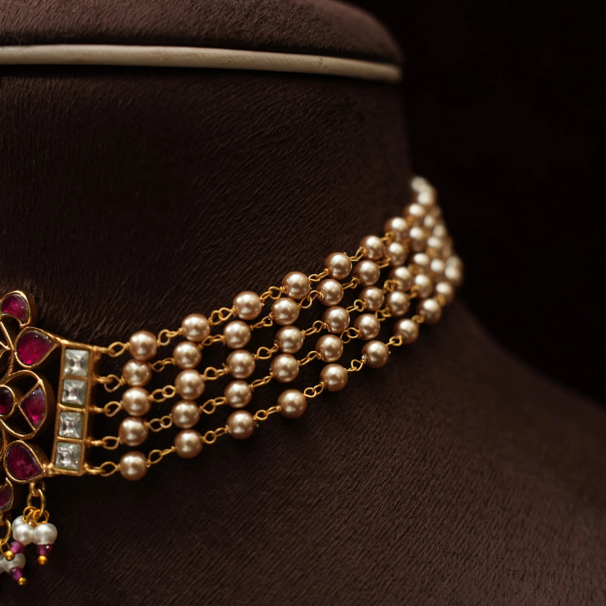 Nirmala Pearl Polki Choker - Red & Green