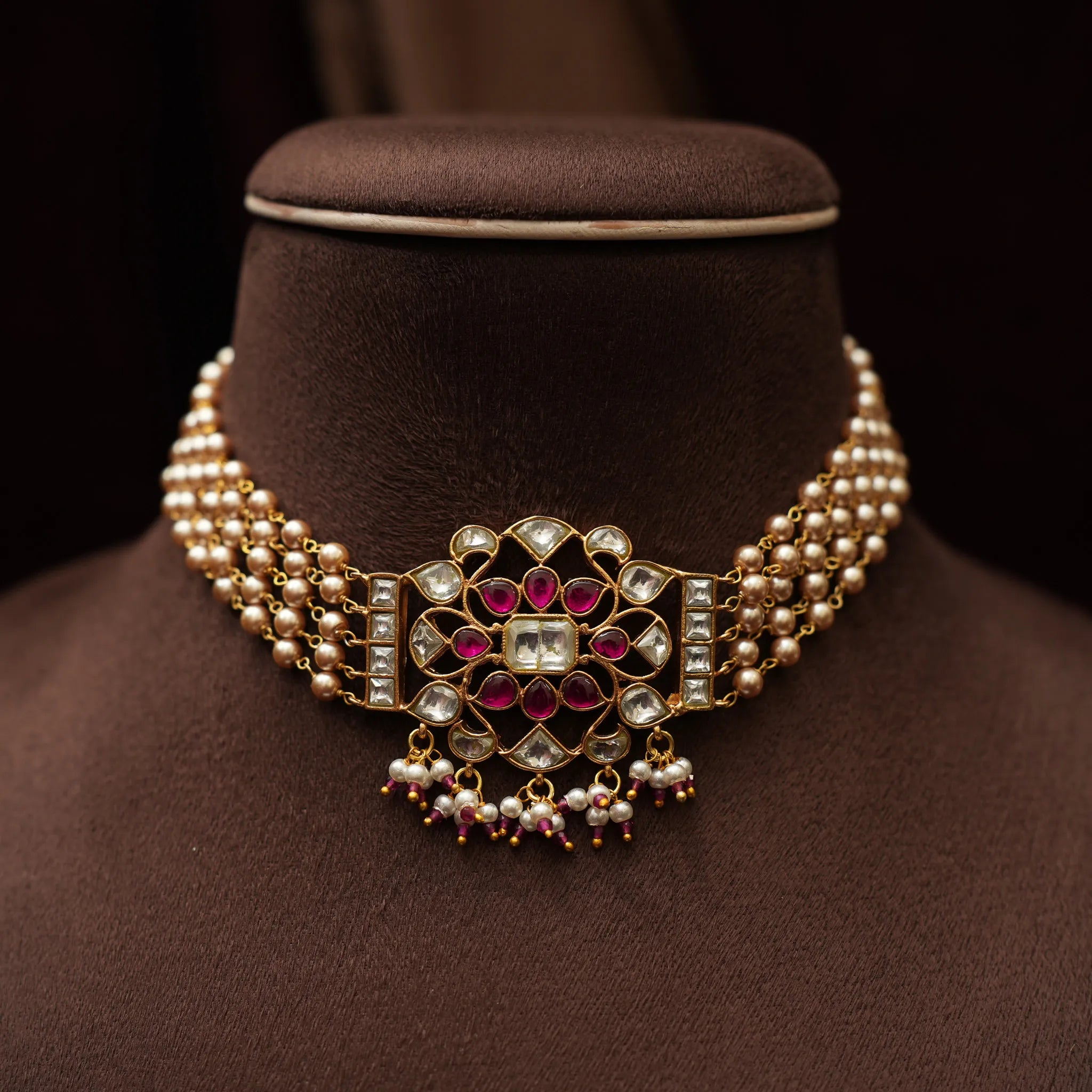 Nirmala Pearl Polki Choker - Red & White