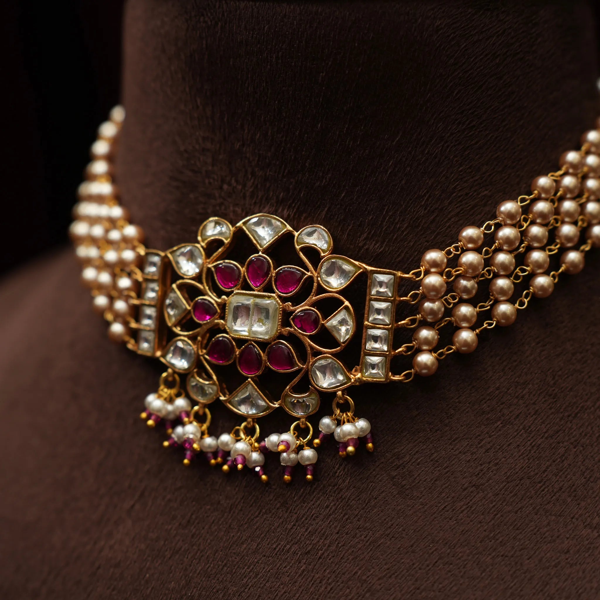 Nirmala Pearl Polki Choker - Red & White