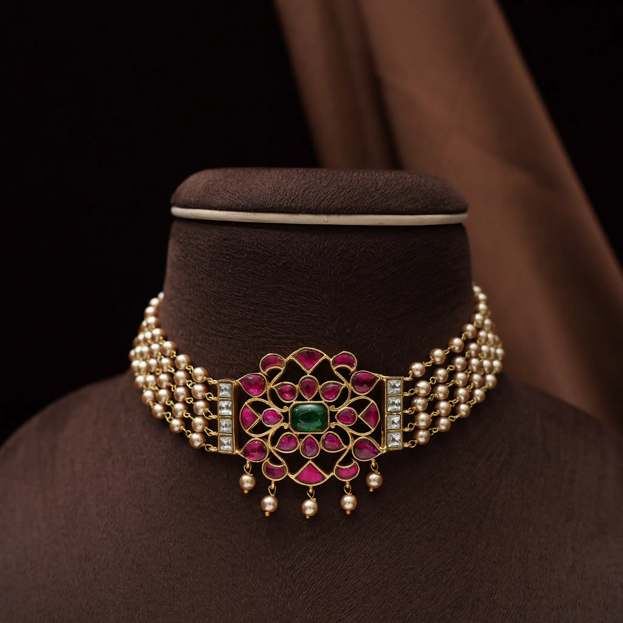 Nirmala Beaded Polki Choker - Red & Green