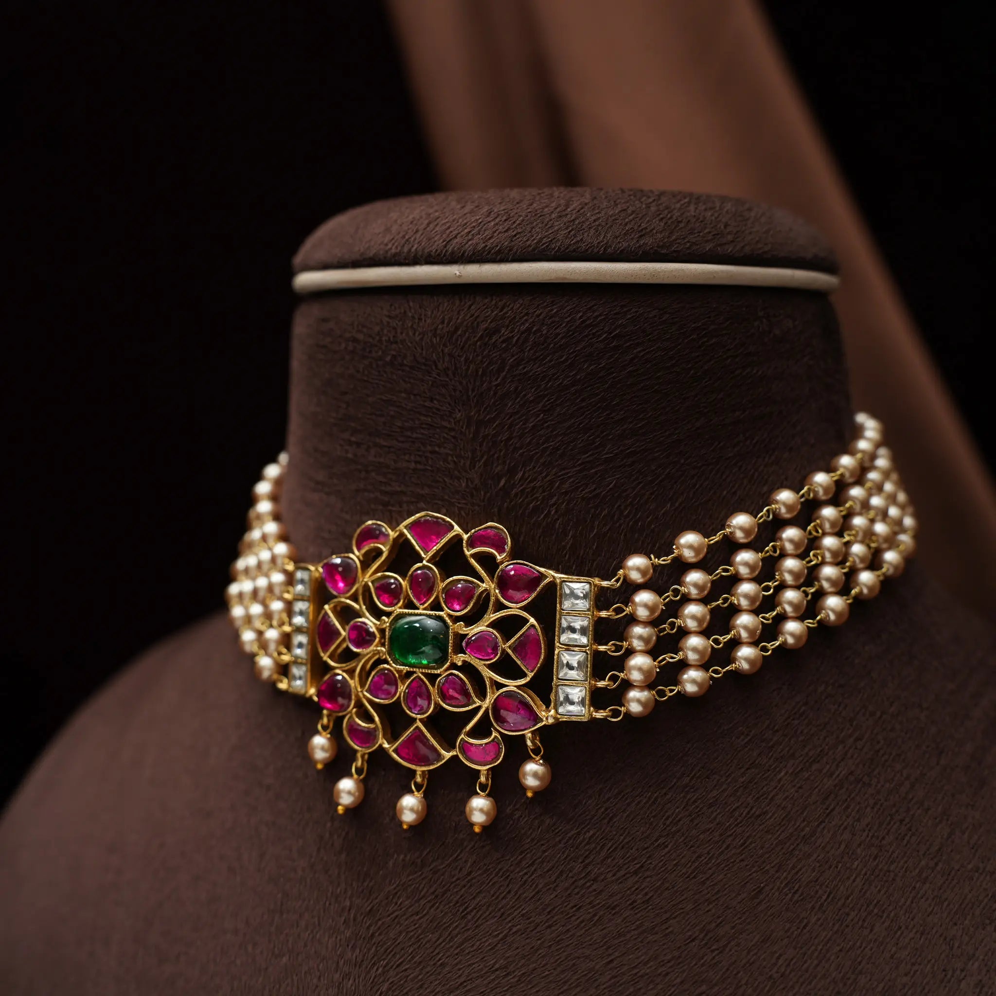 Nirmala Beaded Polki Choker - Red & Green
