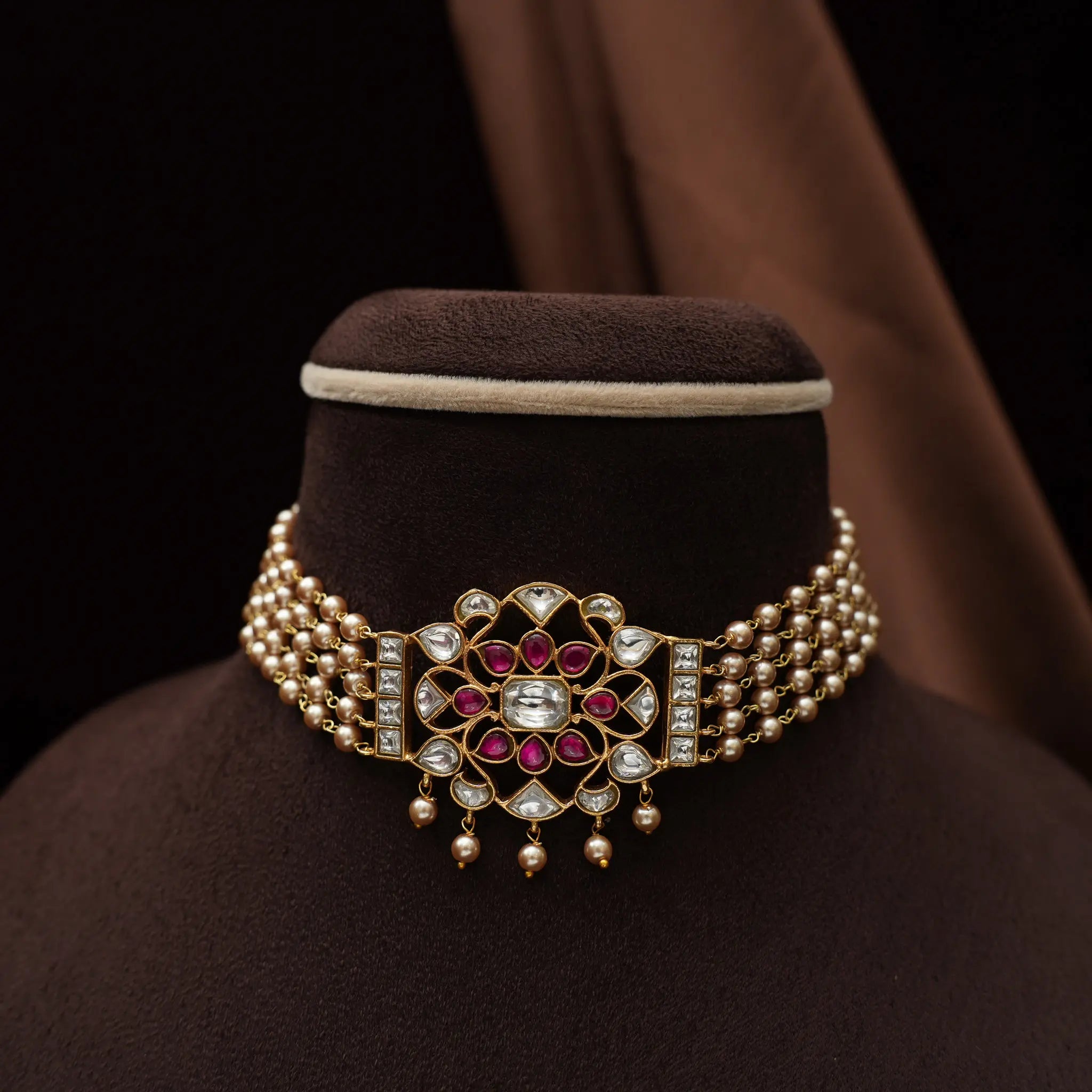 Nirmala Beaded Polki Choker - Red & White