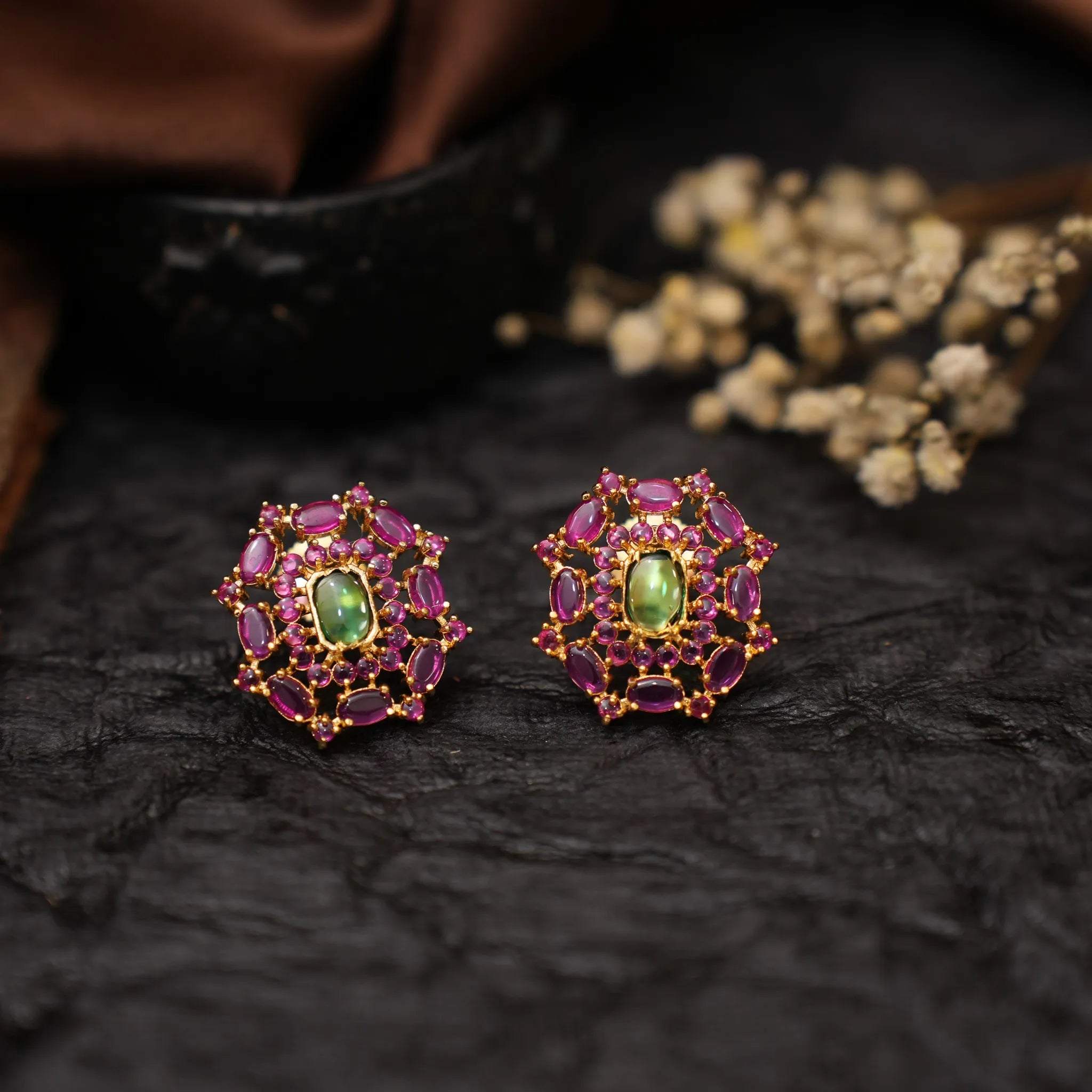 Nisha Antique Ear Stud - Pink & Green