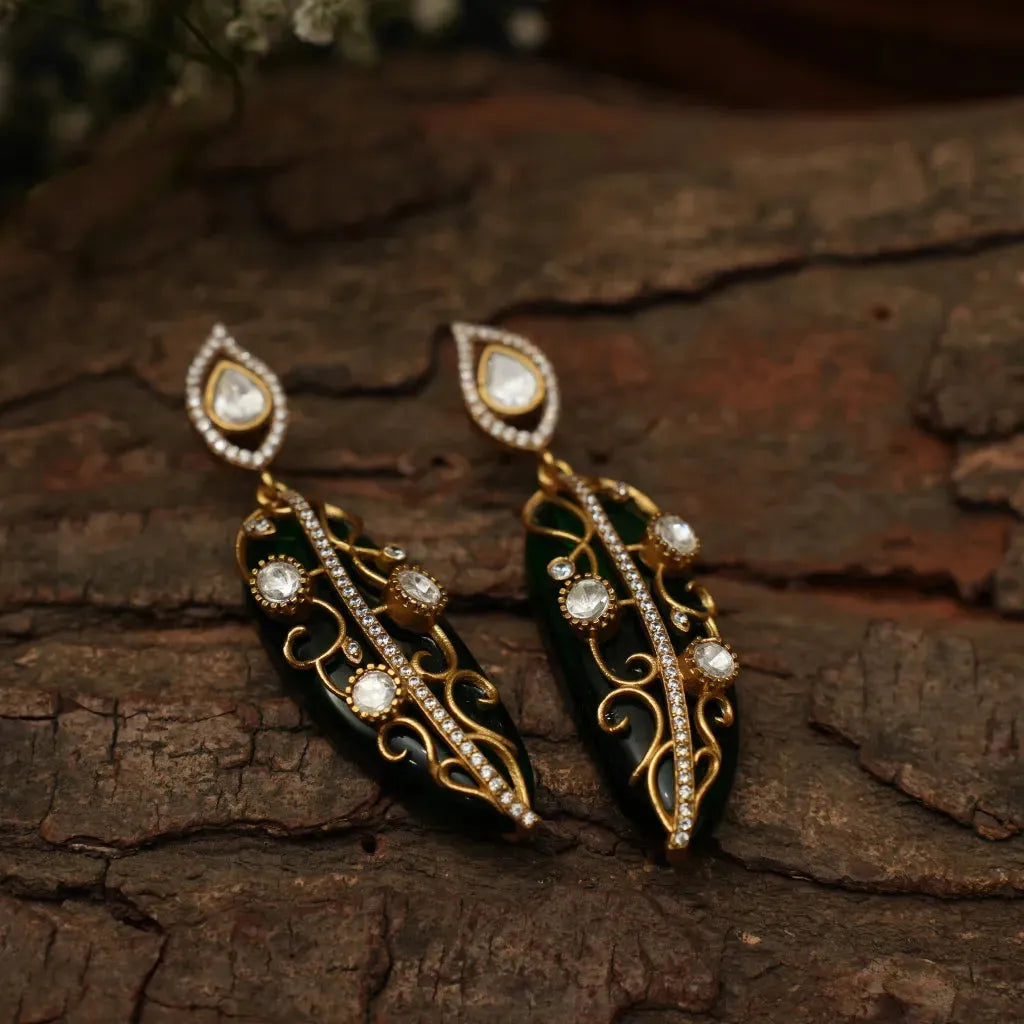 Nitara Polki Desinger Earrings - Emerald Green