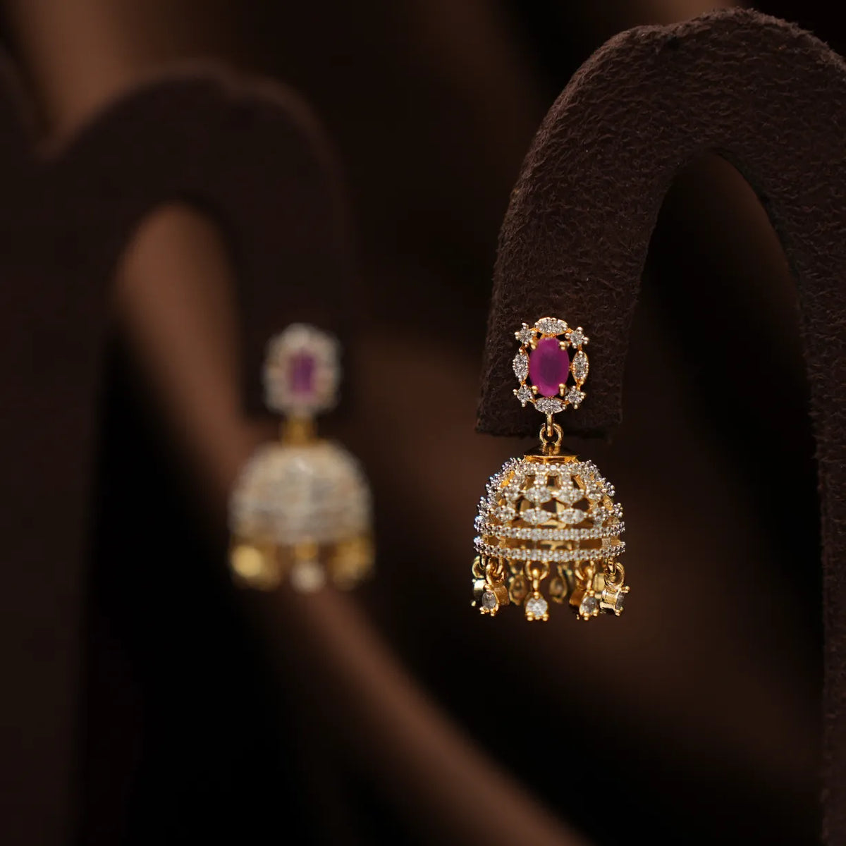 Nuva Zircon Jhumka Earrings - Pink