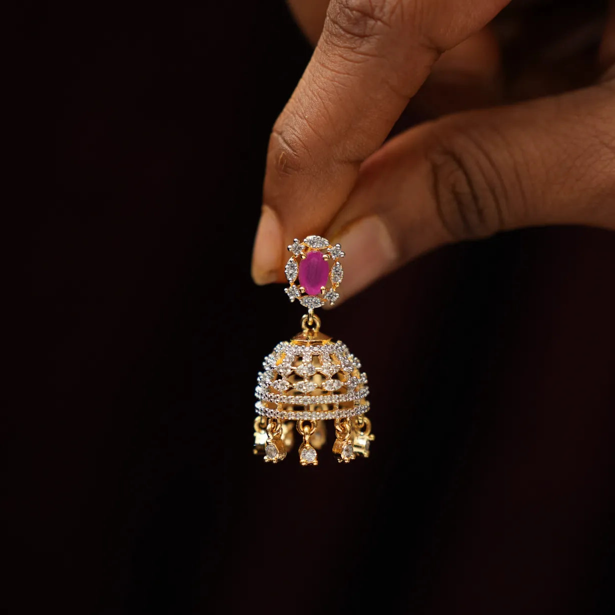 Nuva Zircon Jhumka Earrings - Pink