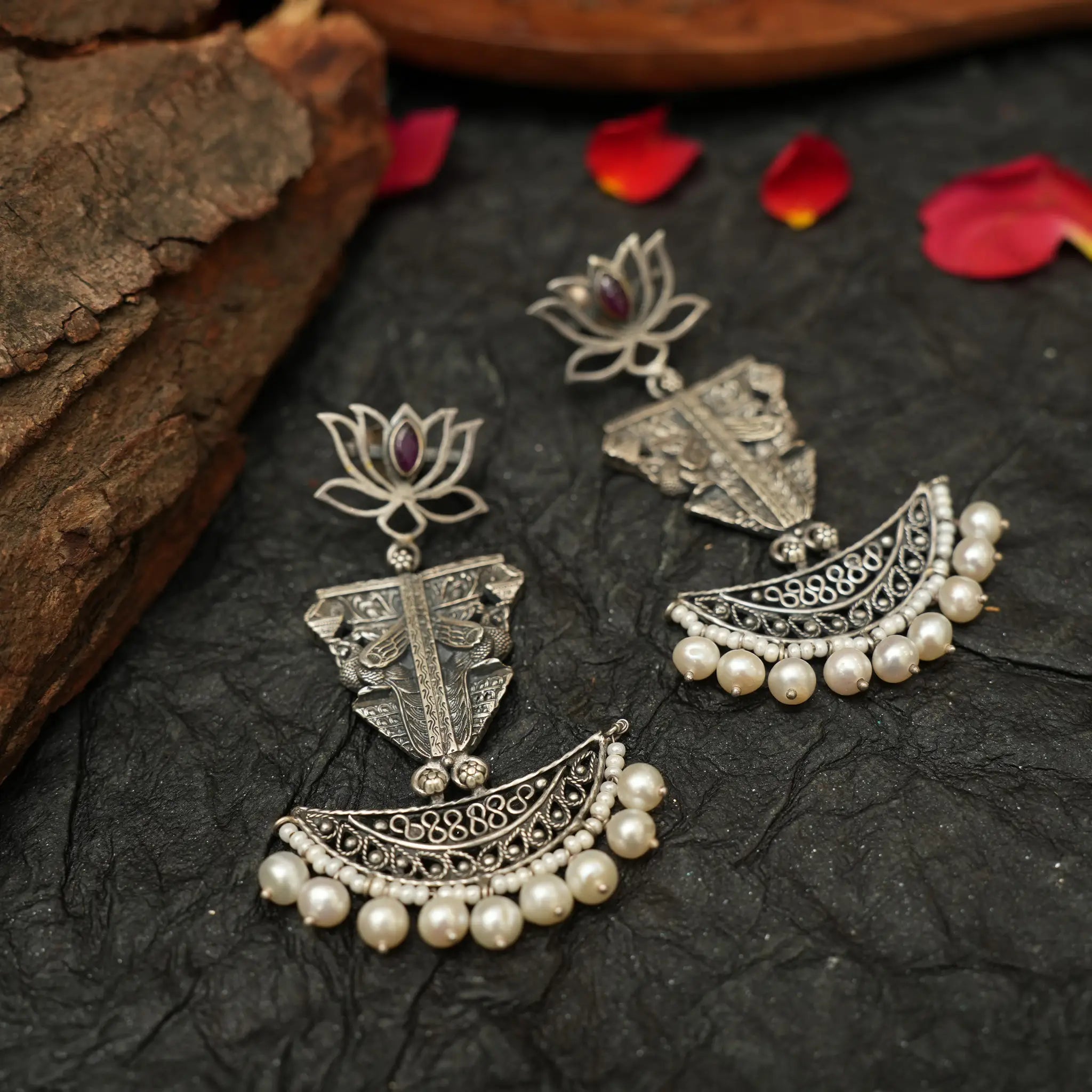 Oxidised Lotus Earring