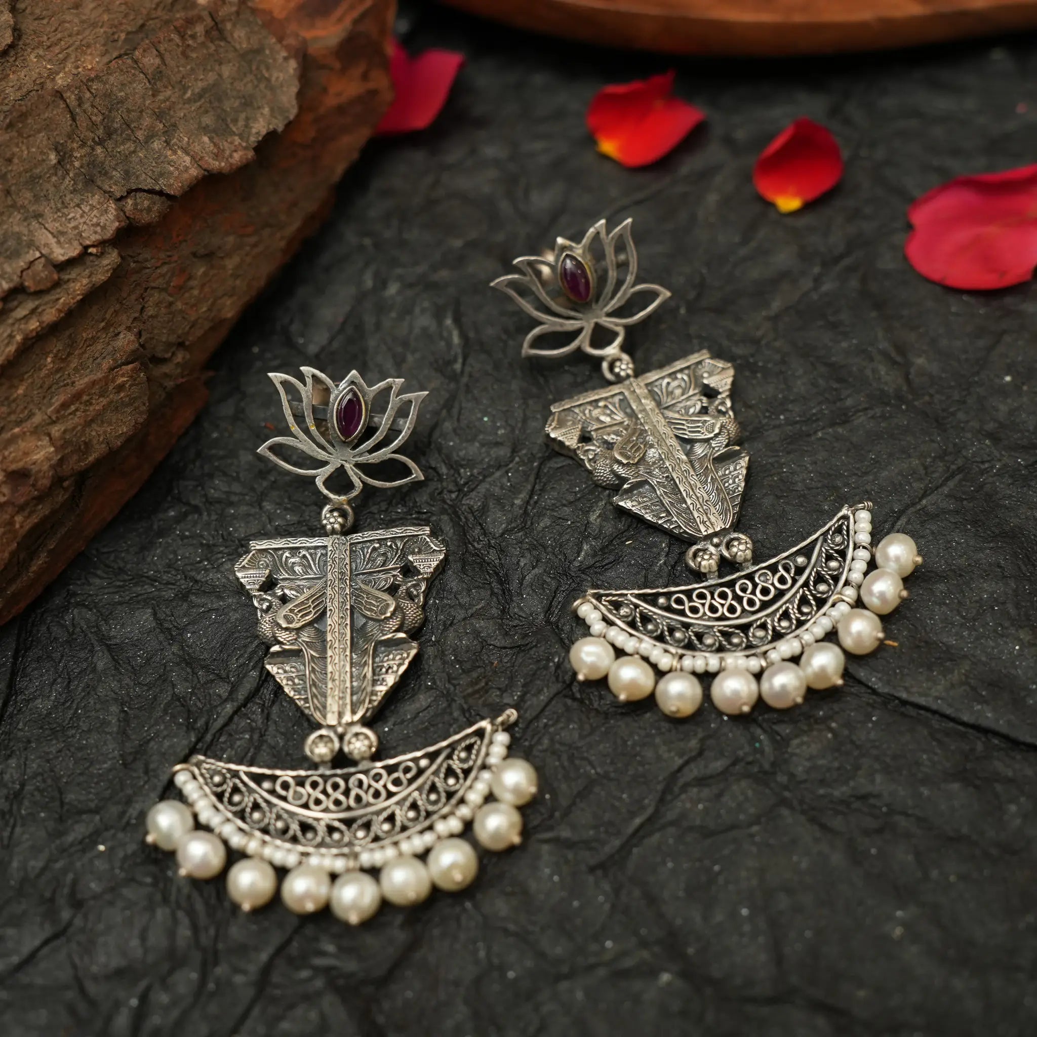 Oxidised Lotus Earring