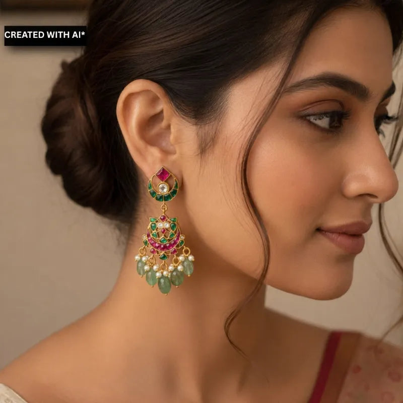 Padma Polki Chandbali Earrings - Green